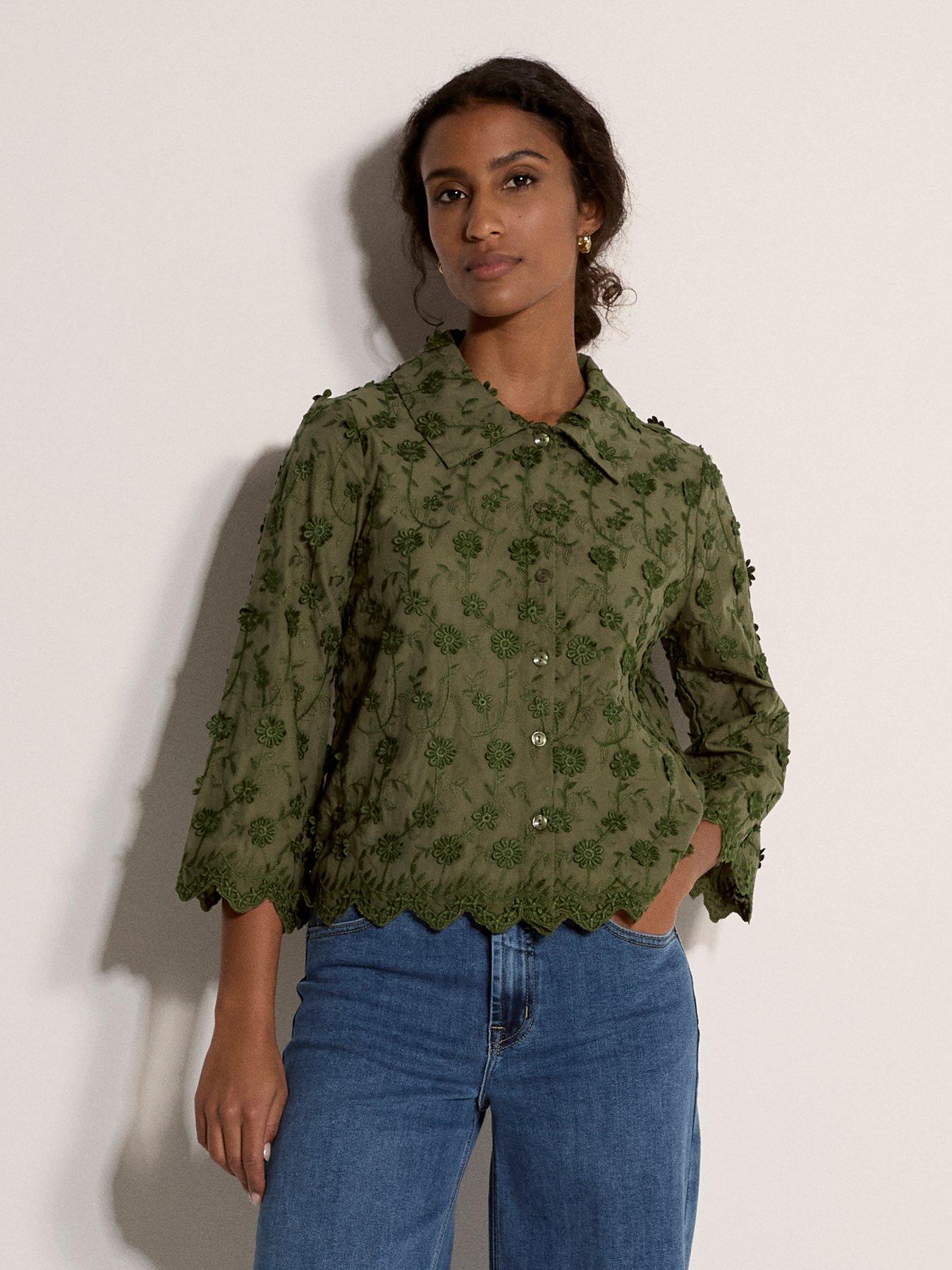 Apricot 3d Floral Embroidered Crop Shirt