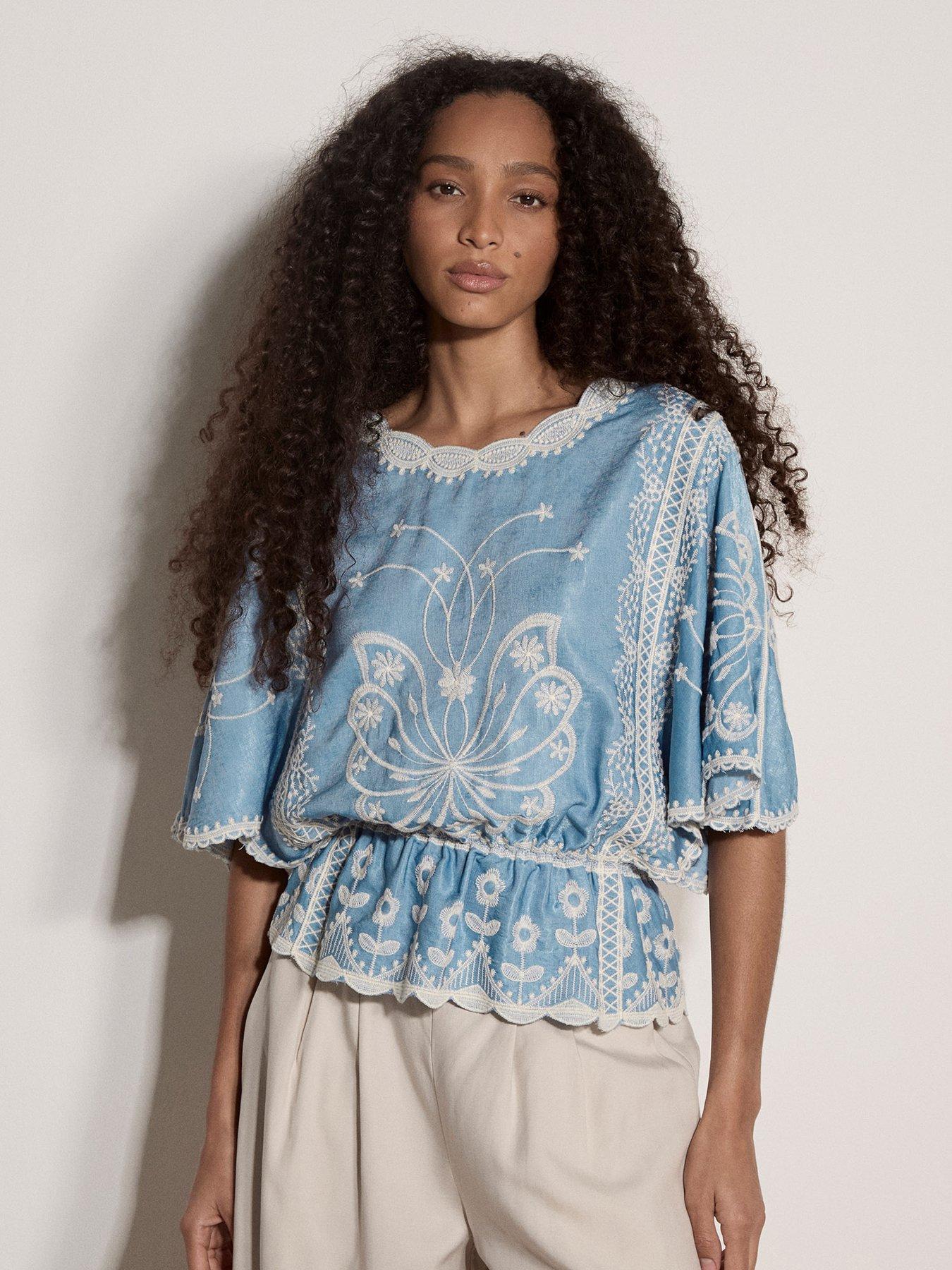 Image 1 of 4 of Apricot 2 Tone Placement Embroidered Batwing Top
