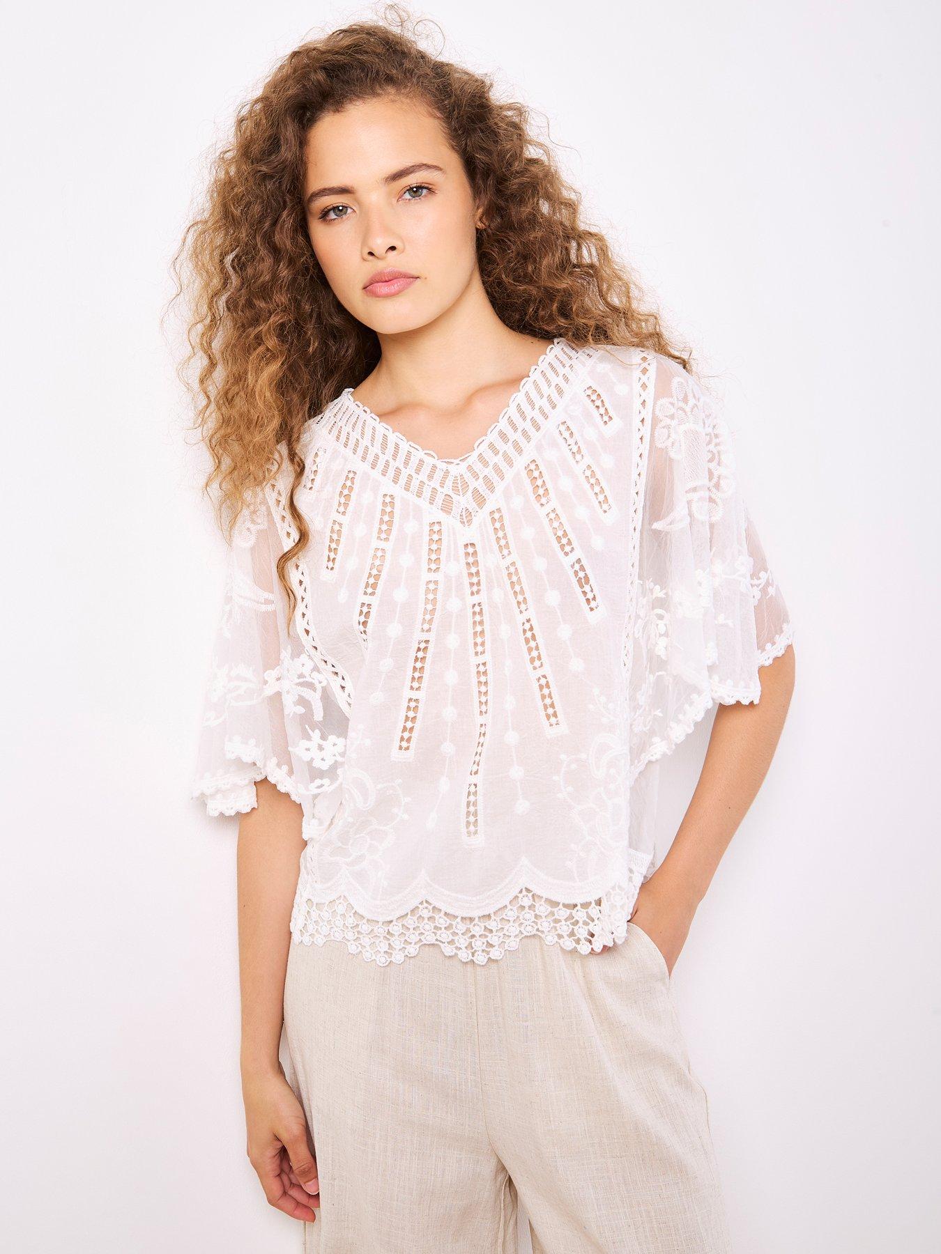 Apricot Lace Detail Embroidered Mesh Top
