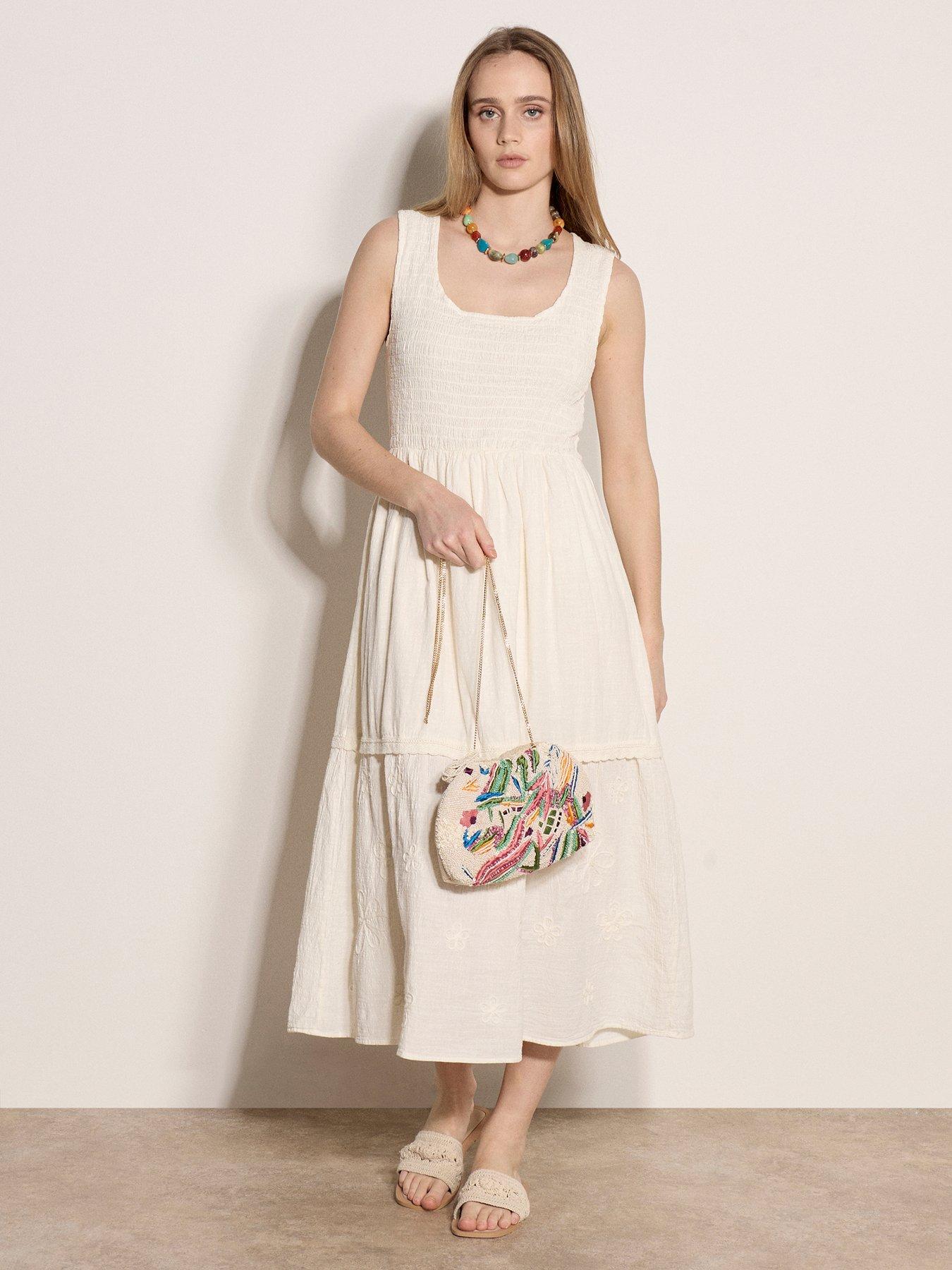 Apricot Smocked Detail Tetra Cotton 3d Flower Hem Dress