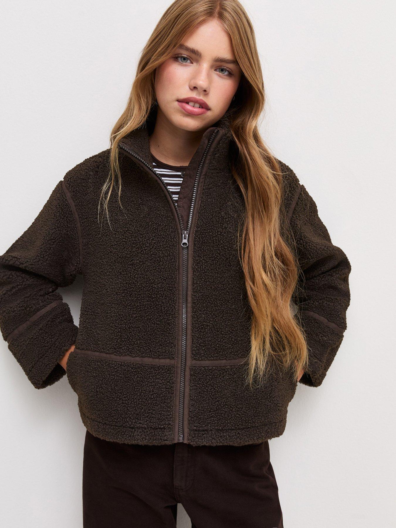 Image 1 of 6 of New Look 915 Girls Borg Texture Oversized Jacket - Dark Brown