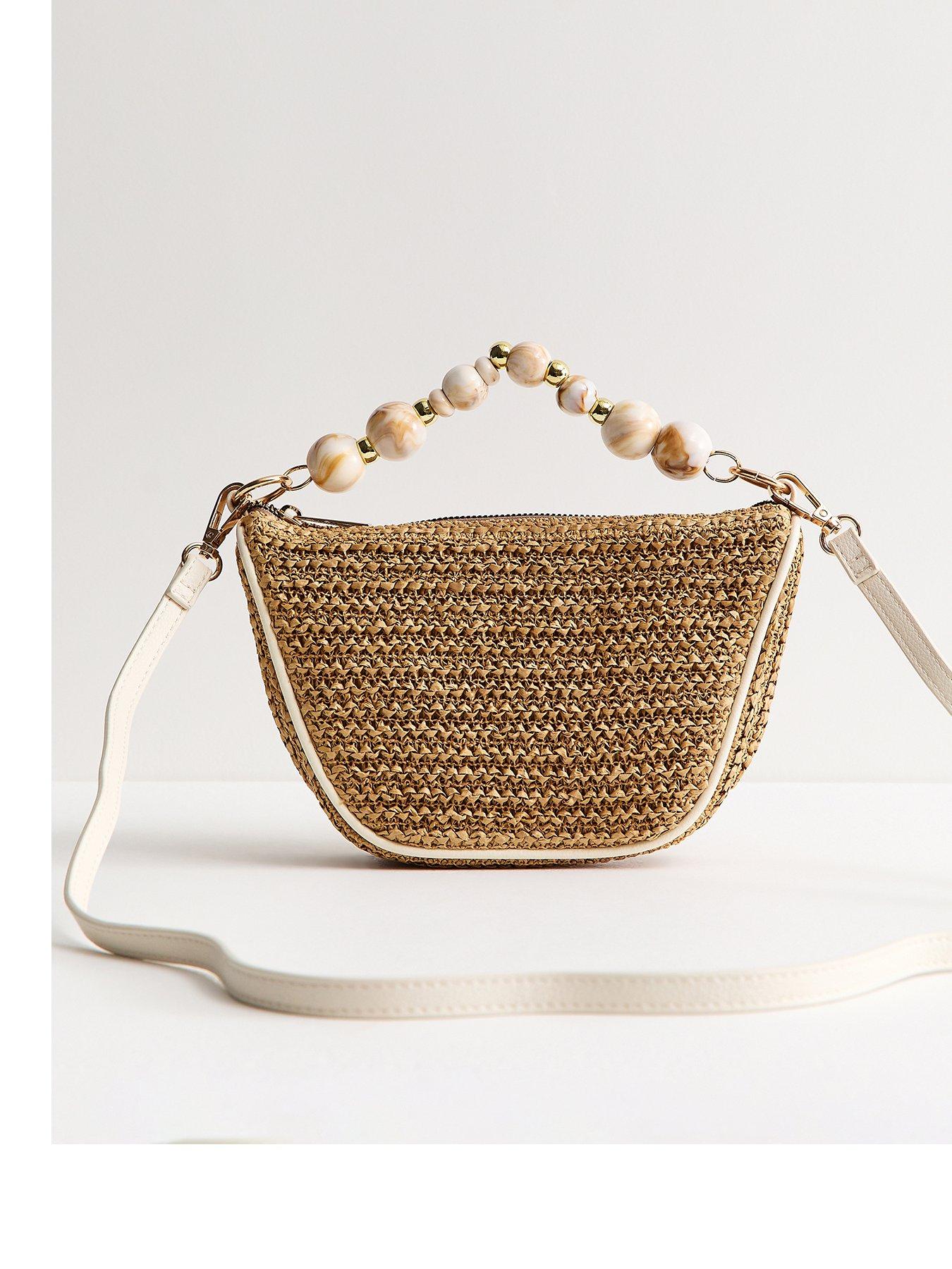 New Look Stone Woven Slouchy Beaded Top Handle Bag - Grey