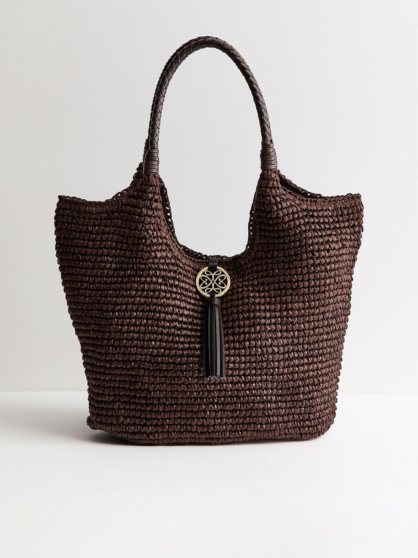 Image 1 of 4 of New Look Woven Plaited Handle Hobo Bag - Dark Brown