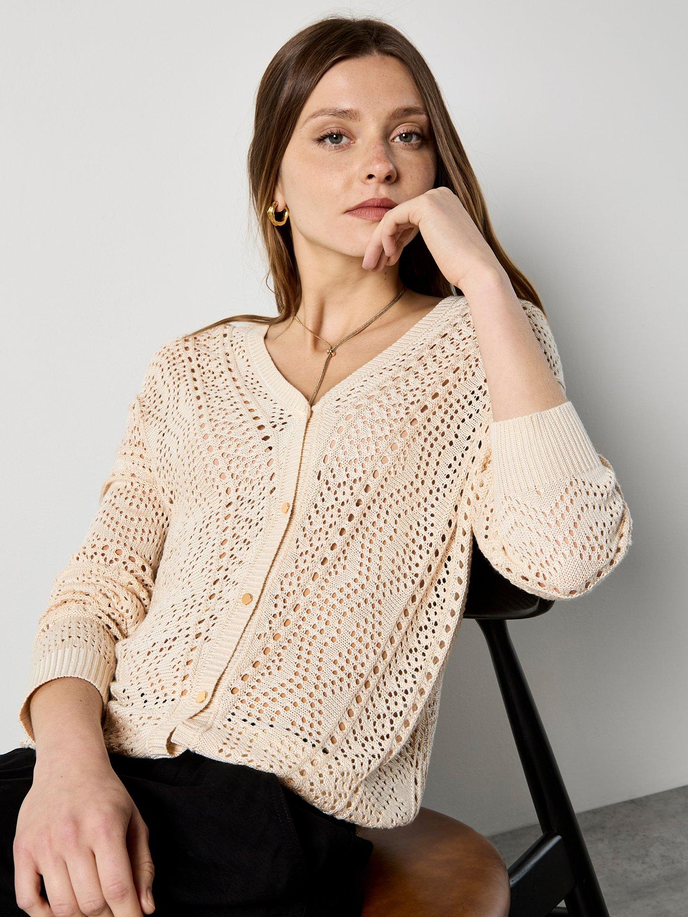 front image of apricot-chevron-pointelle-cardigan