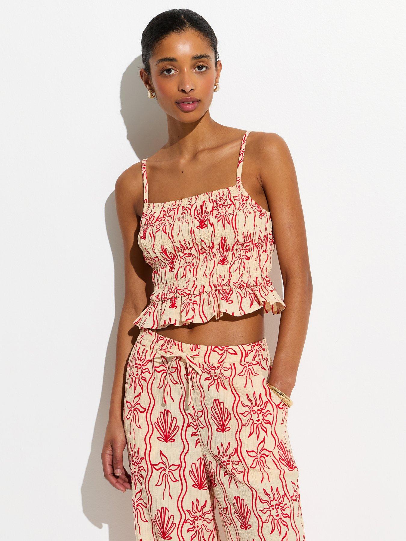 New Look Sun Print Shirred Cami Beach Top - Red