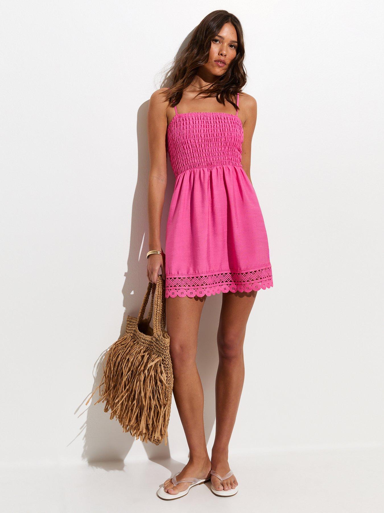 Image 3 of 5 of New Look Bright Pink Lace Trim Shirred Mini Dress