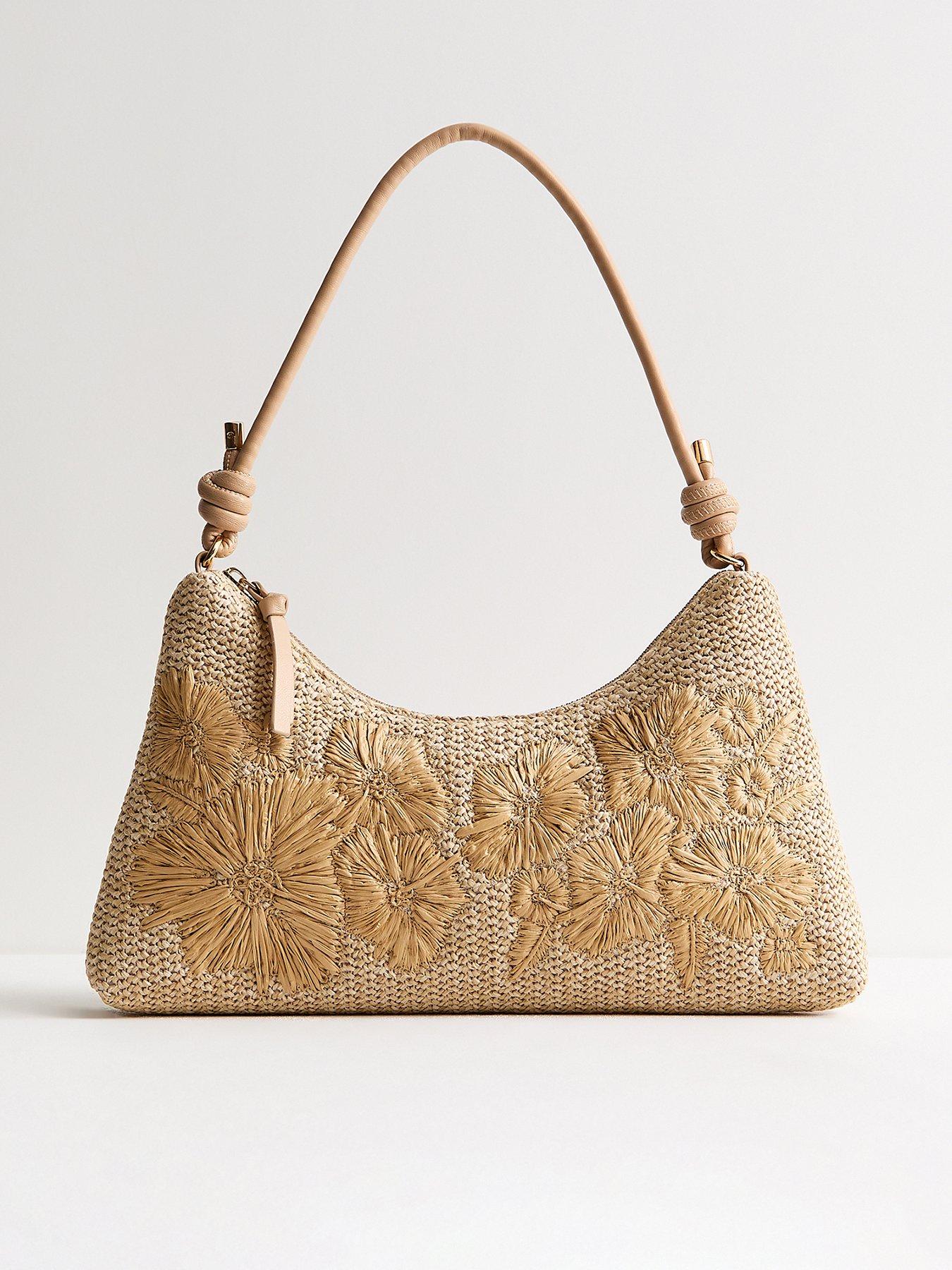 New Look Stone Woven Embroidered Flower Shoulder Bag