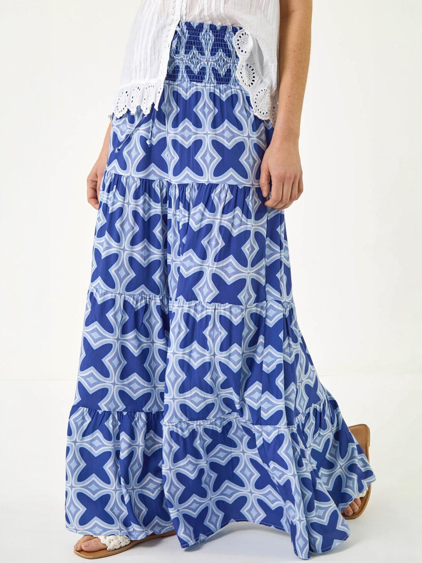 Image 1 of 5 of Roman Tile Print Shirred Maxi Skirt