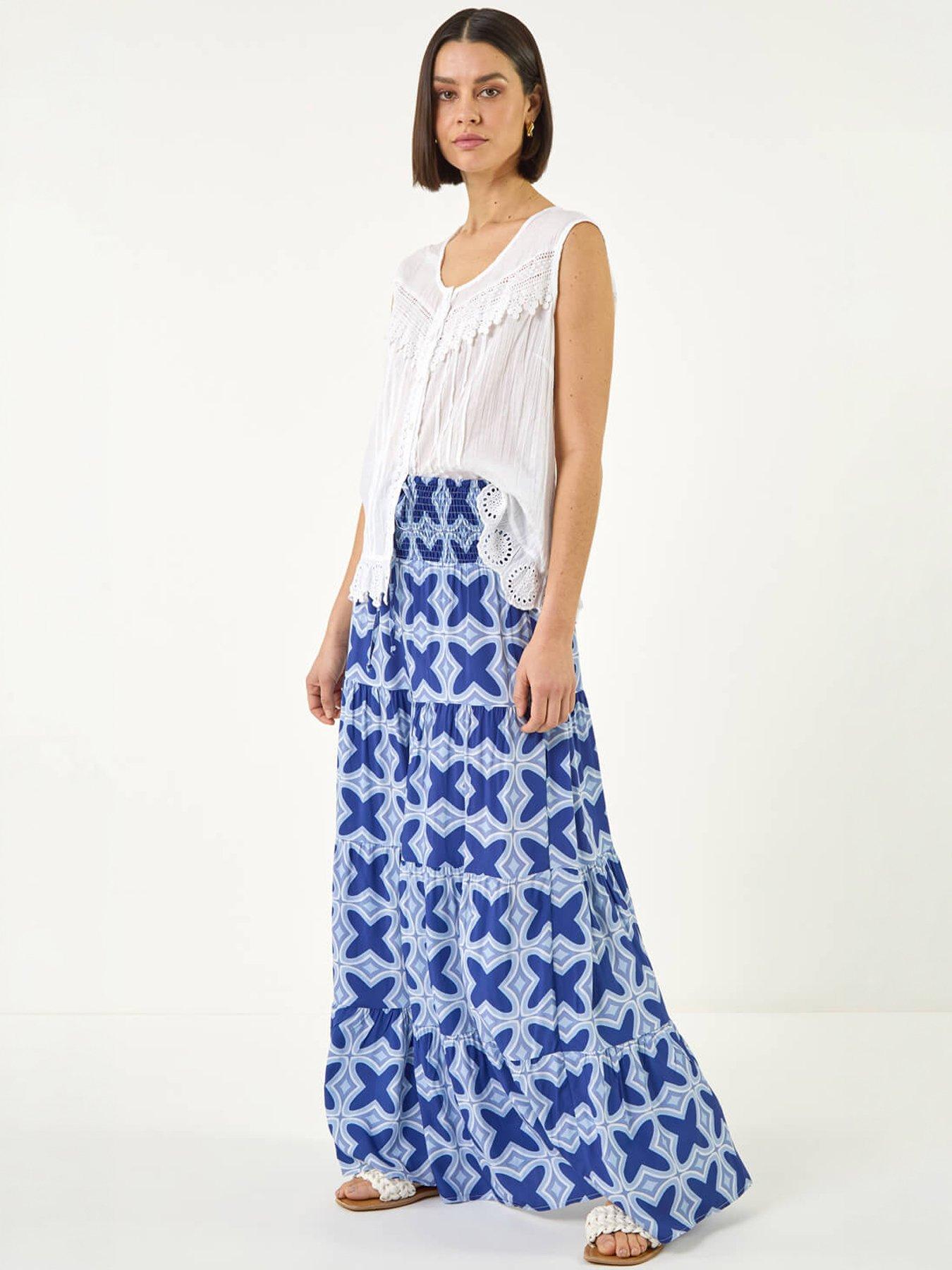 Image 3 of 5 of Roman Tile Print Shirred Maxi Skirt