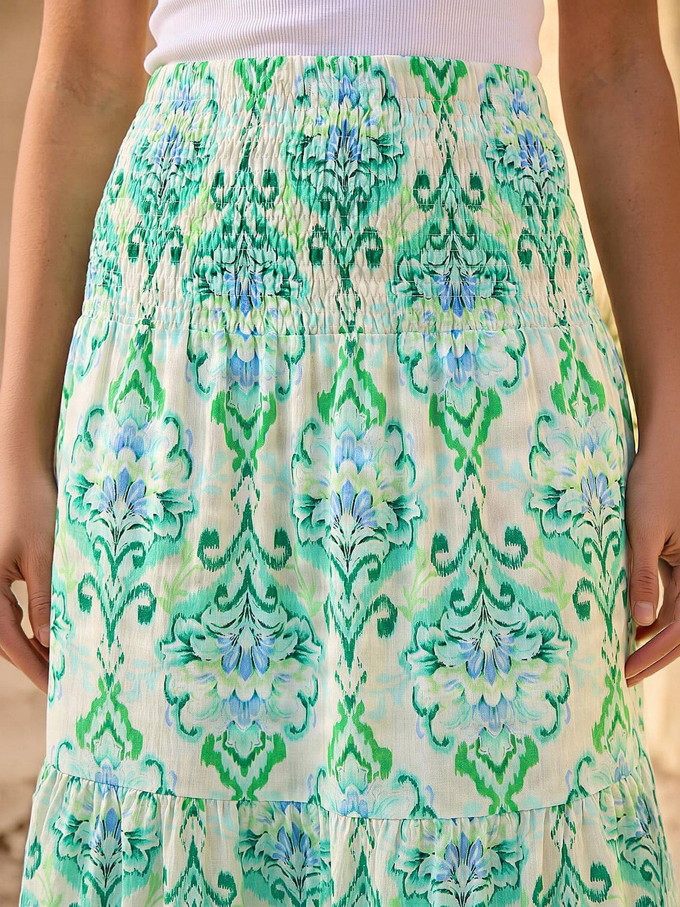 Image 4 of 4 of Roman Paisley Print Tiered Maxi Skirt - Green