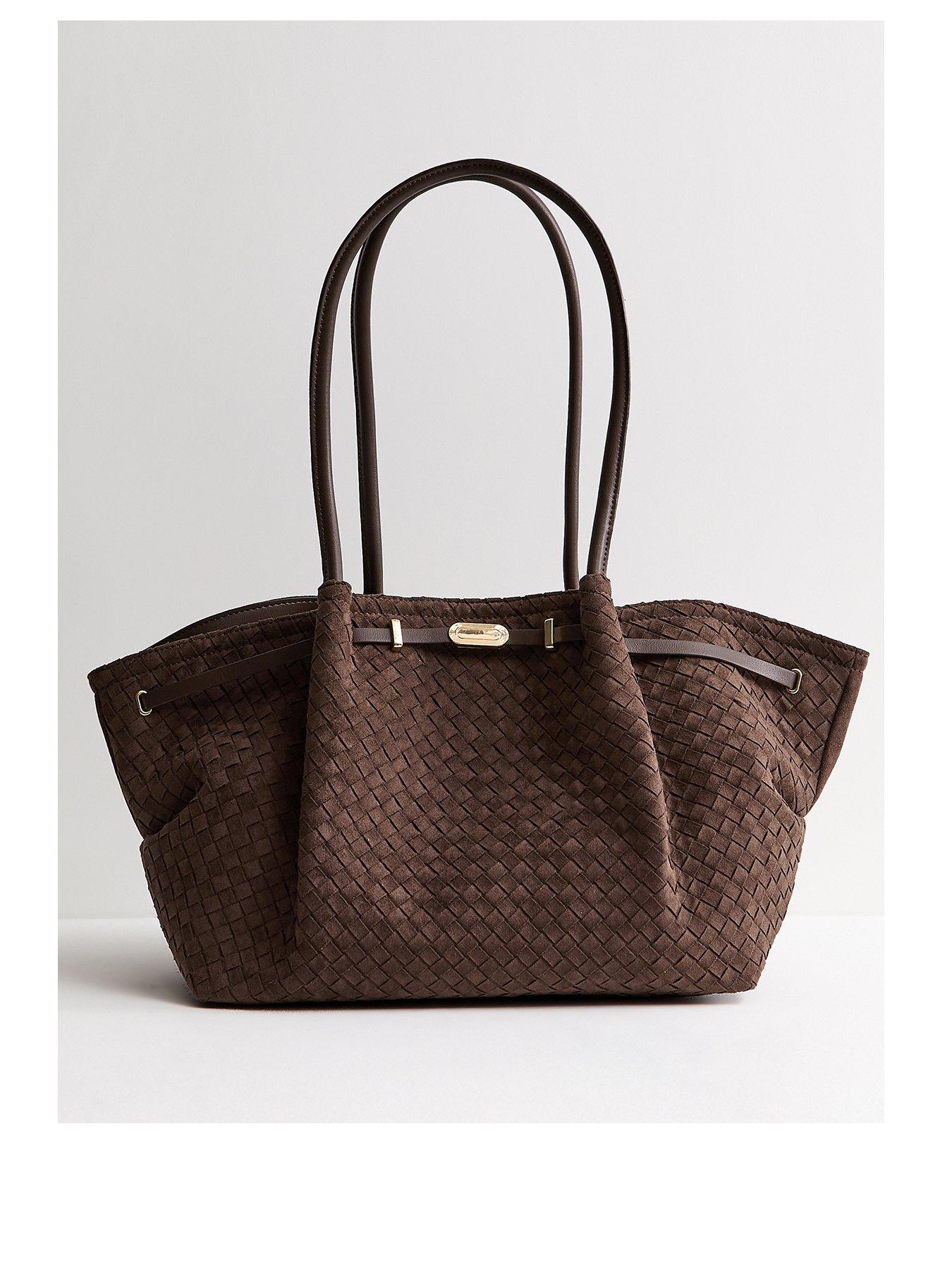 New Look Faux Suede Woven Winged Tote Bag - Dark Brown