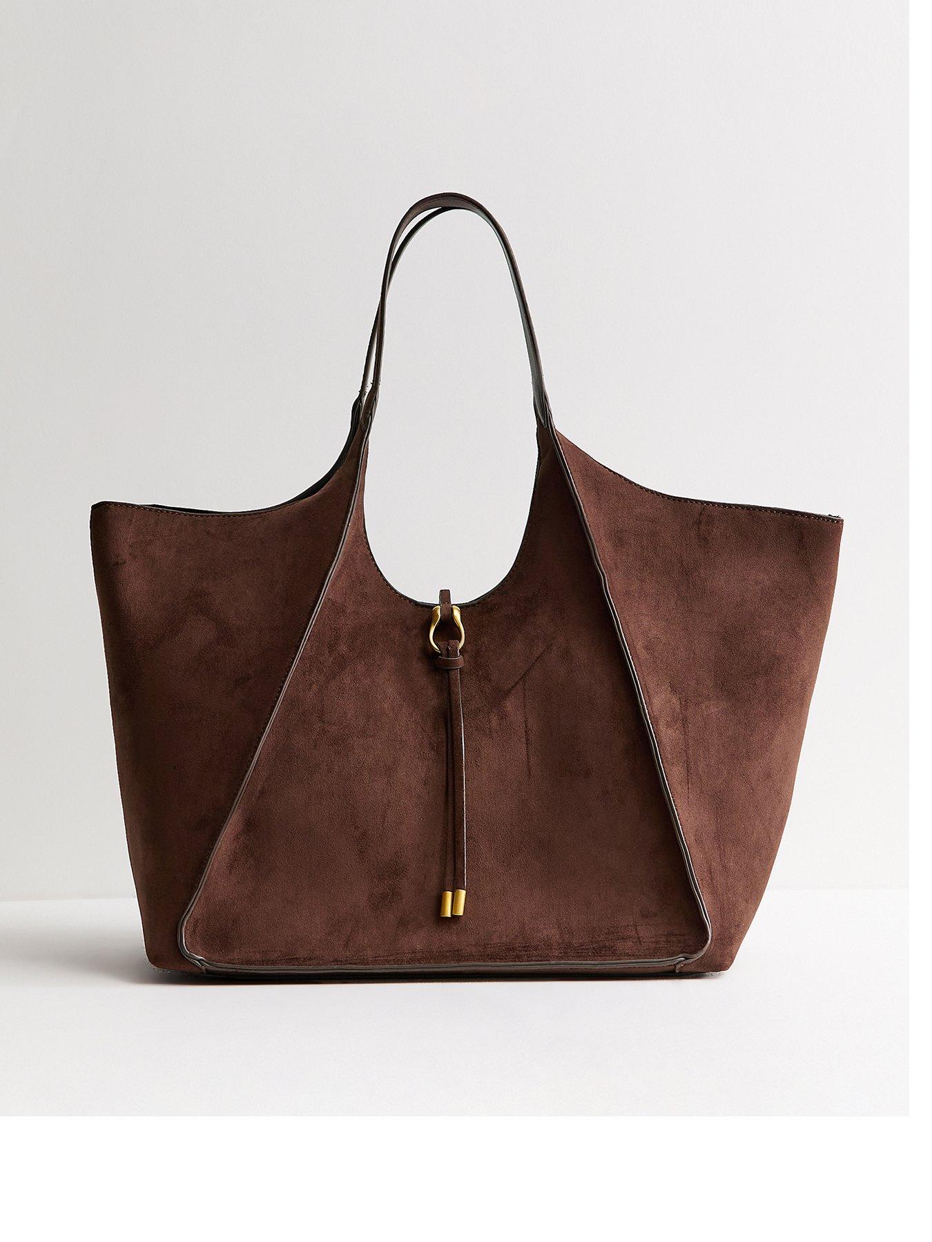 New Look Faux Suede Exposed Seam Tote Bag - Dark Brown