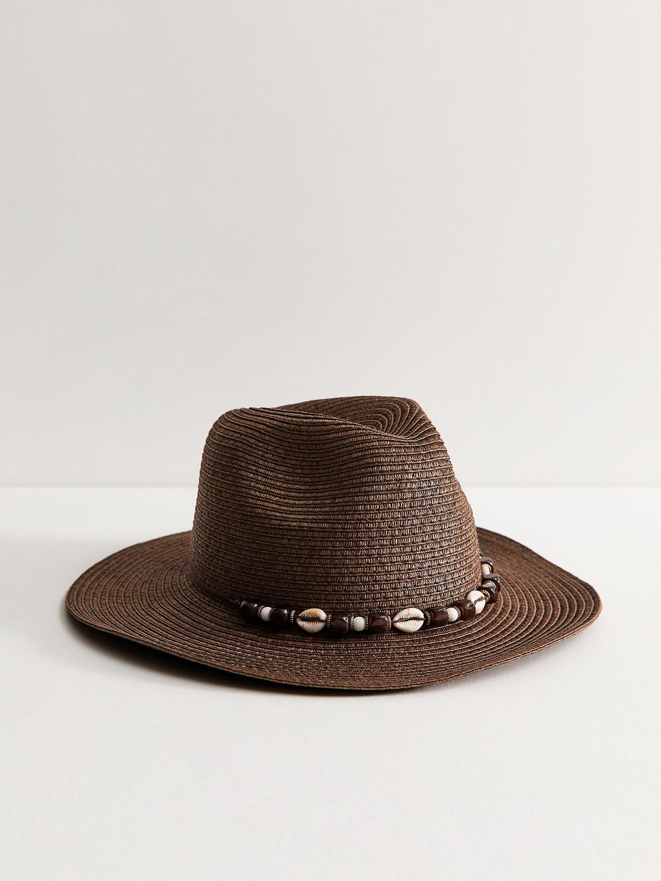 New Look Beaded Shell Trim Straw Fedora Hat - Dark Brown