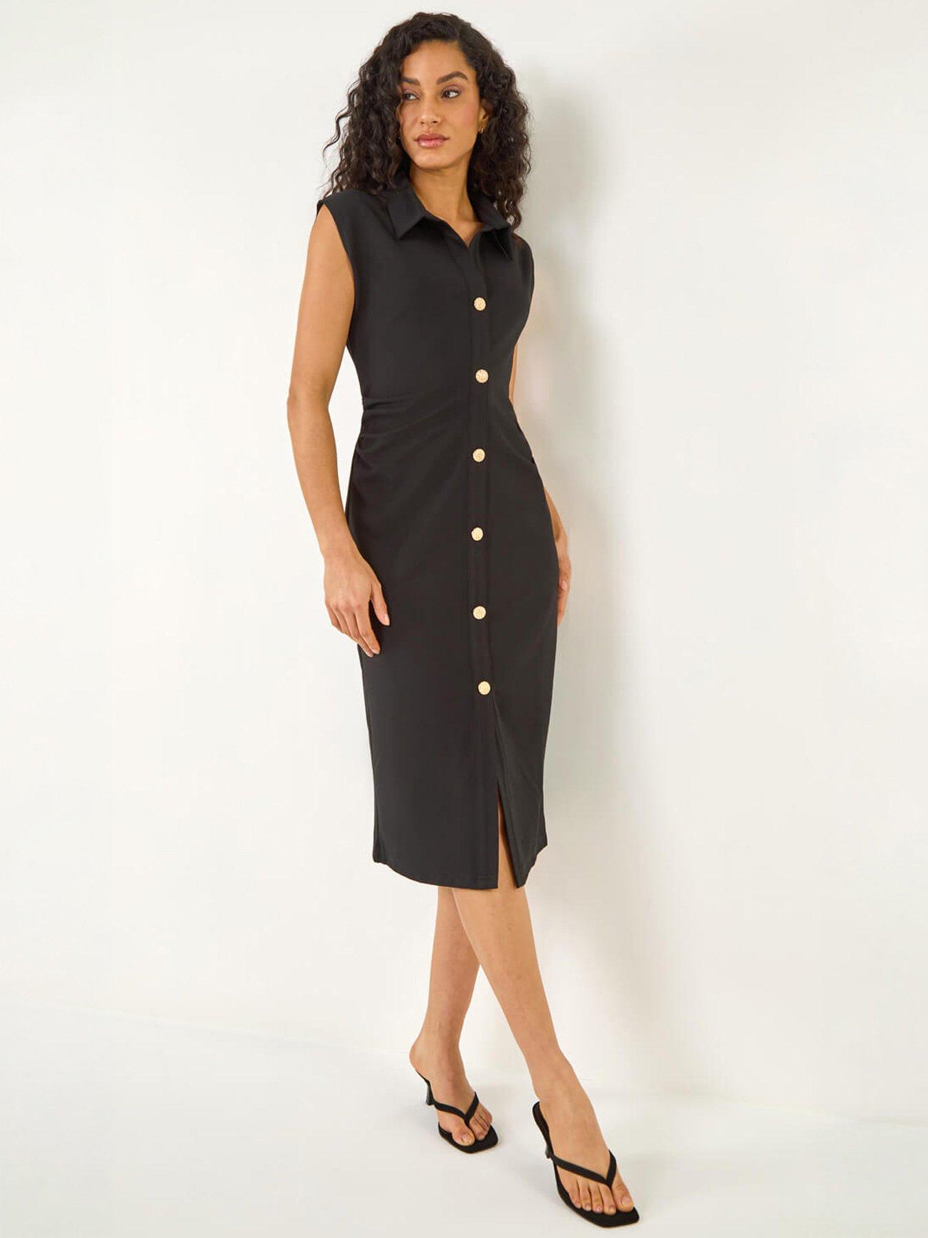 front image of roman-dusk-collared-ribbed-midi-dress