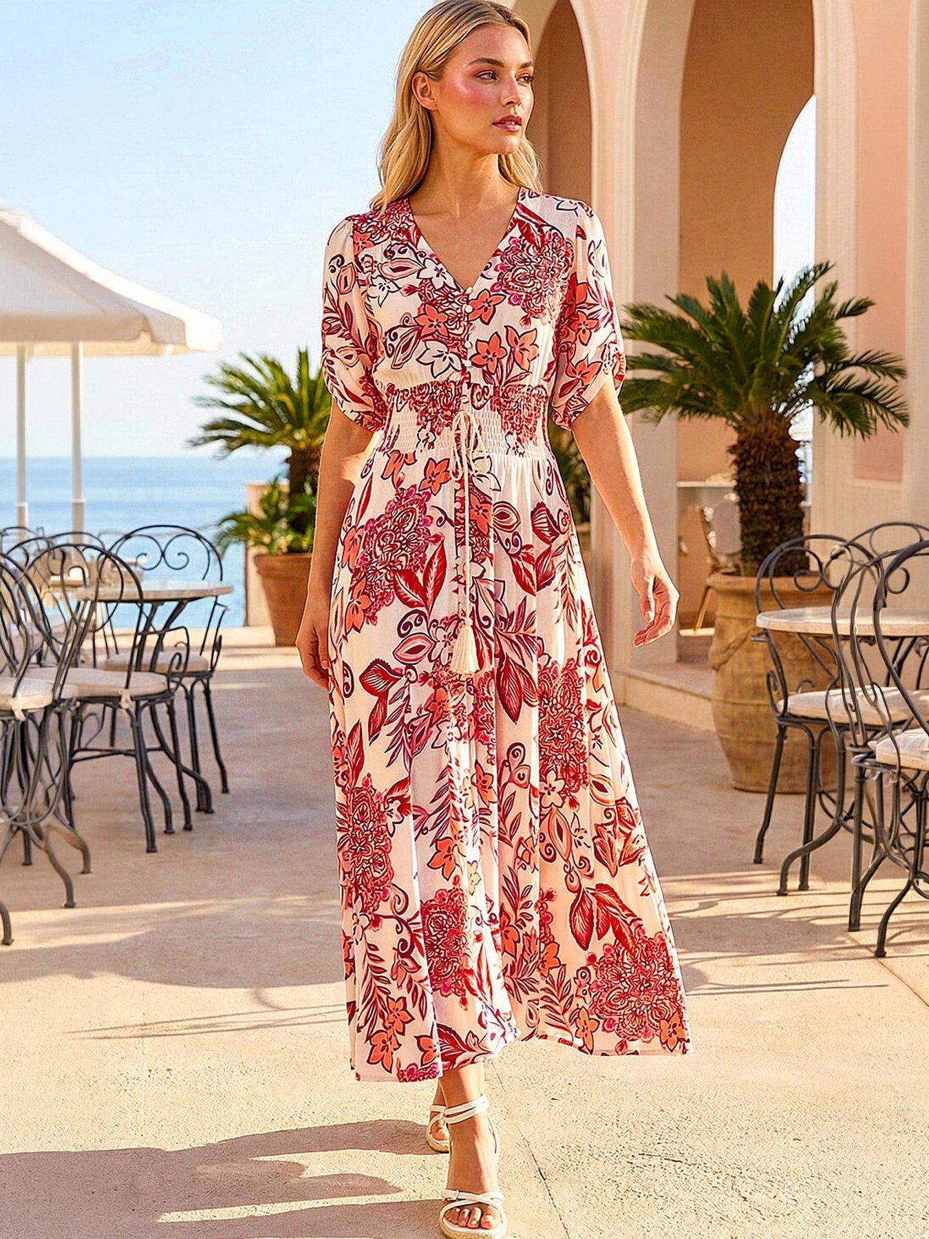 Roman Dusk Boho Floral Print V-neck Maxi Dress