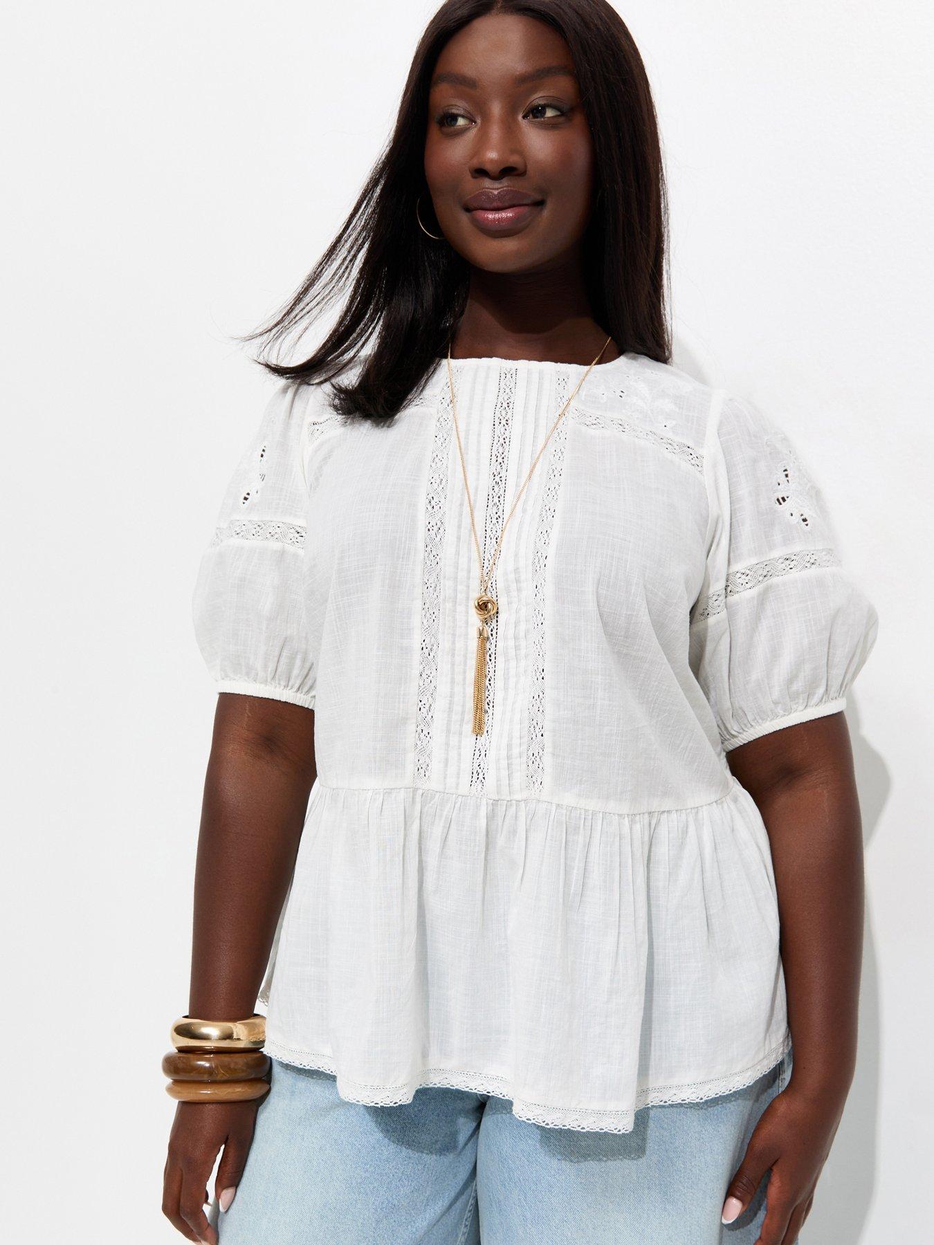 New Look Curves Cotton Lace Trim Blouse - White