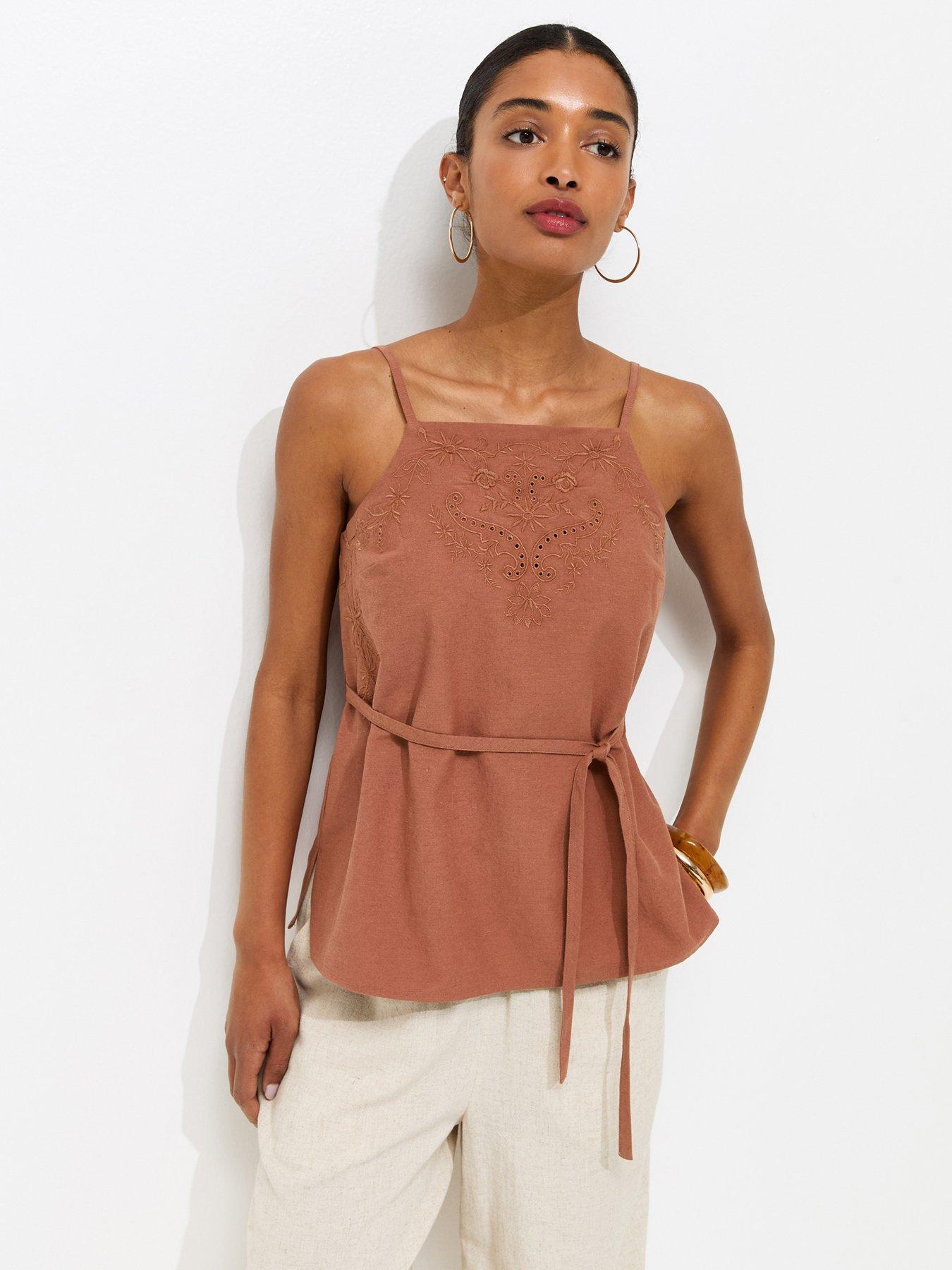 Image 1 of 5 of New Look Embroidered Belted Long Cami Top - Dark Brown