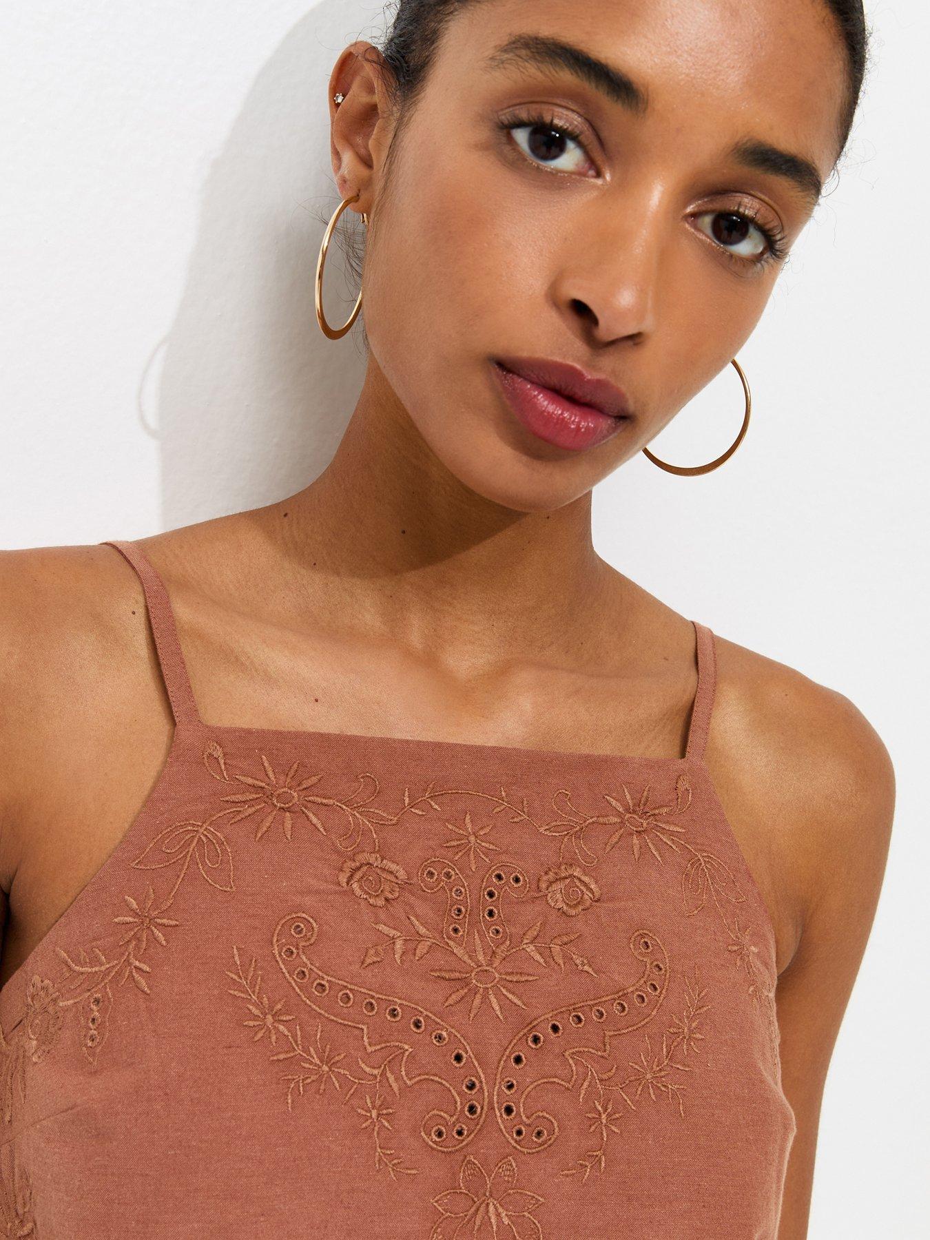 Image 4 of 5 of New Look Embroidered Belted Long Cami Top - Dark Brown