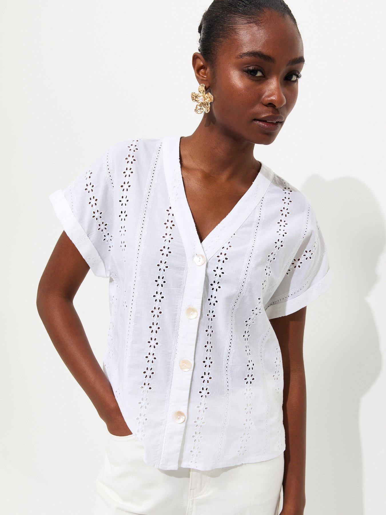 New Look Cotton Broderie Anglaise Button Through Top - White