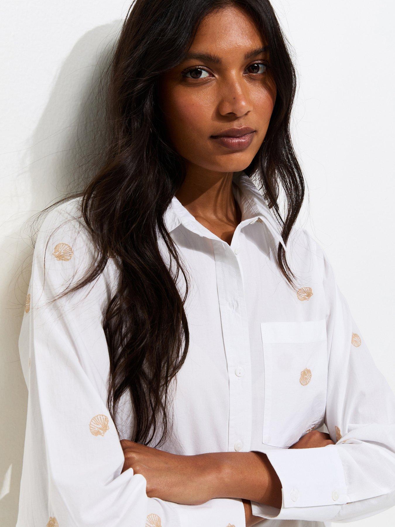 New Look Cotton Embroidered Shell Long Sleeve Shirt - White