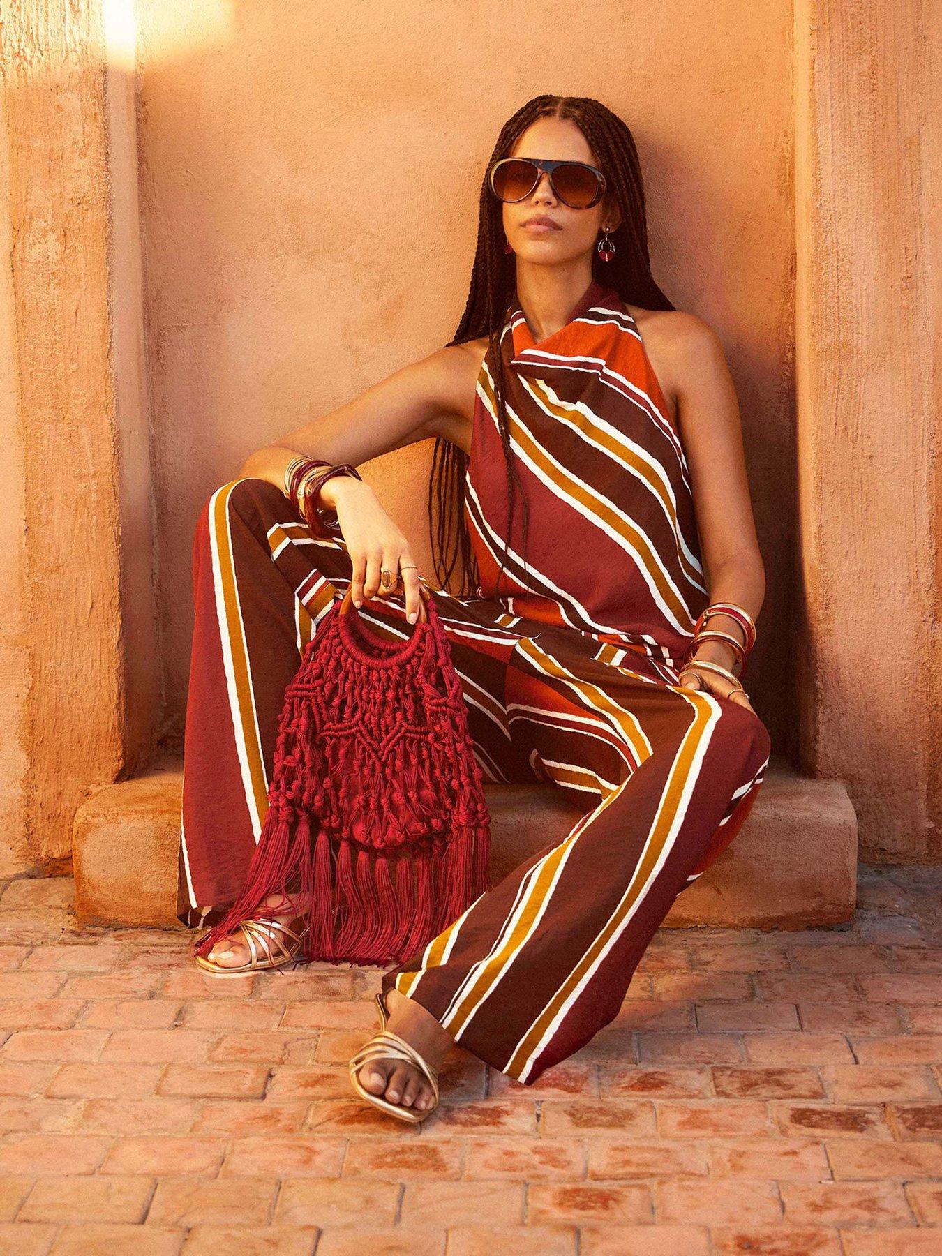 New Look Diagonal Stripe Cowl Neck Asymmetric Co-ord Top - Brown