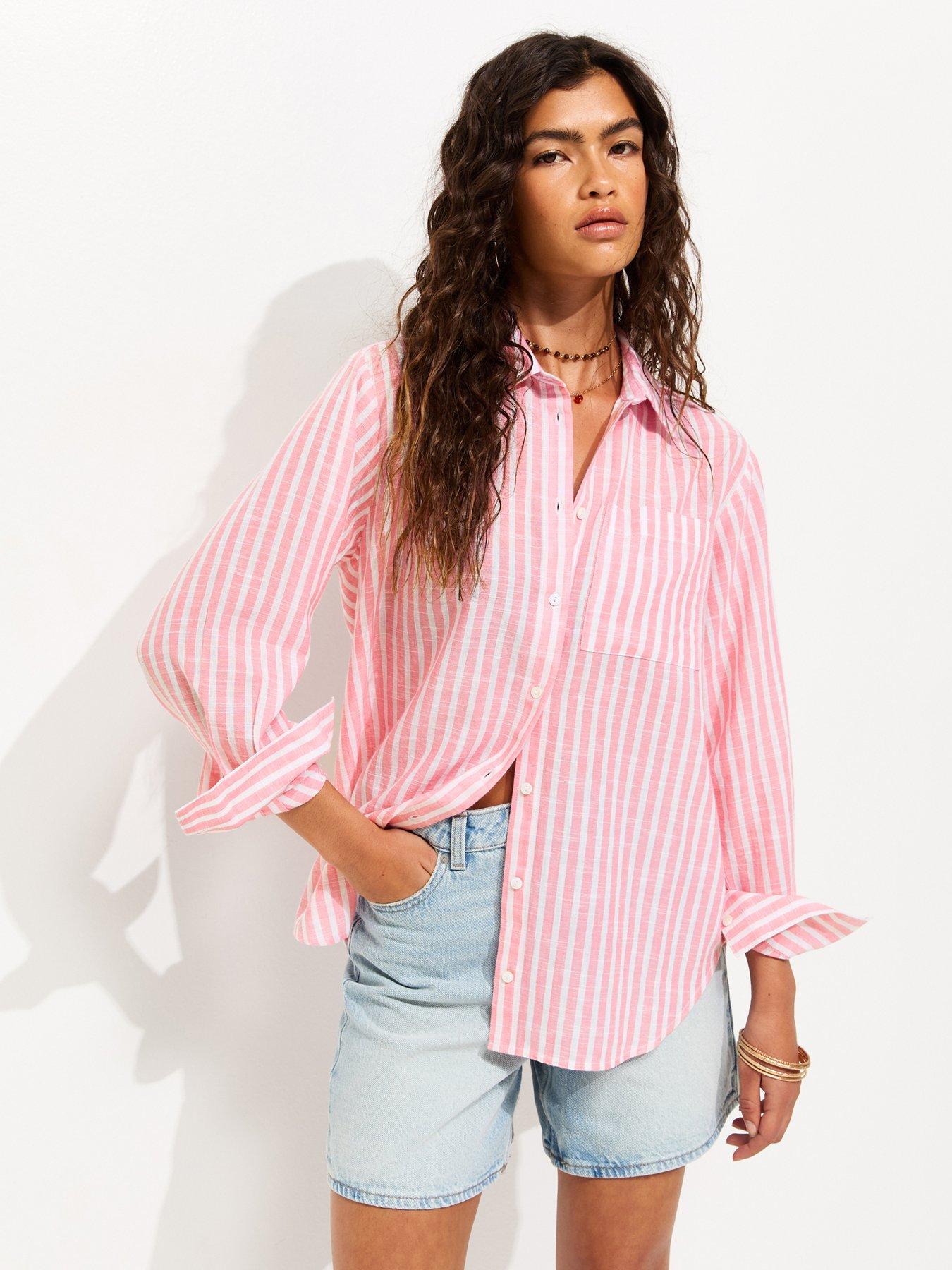 New Look Cotton Rich Striped Long Sleeve Shirt - Pink