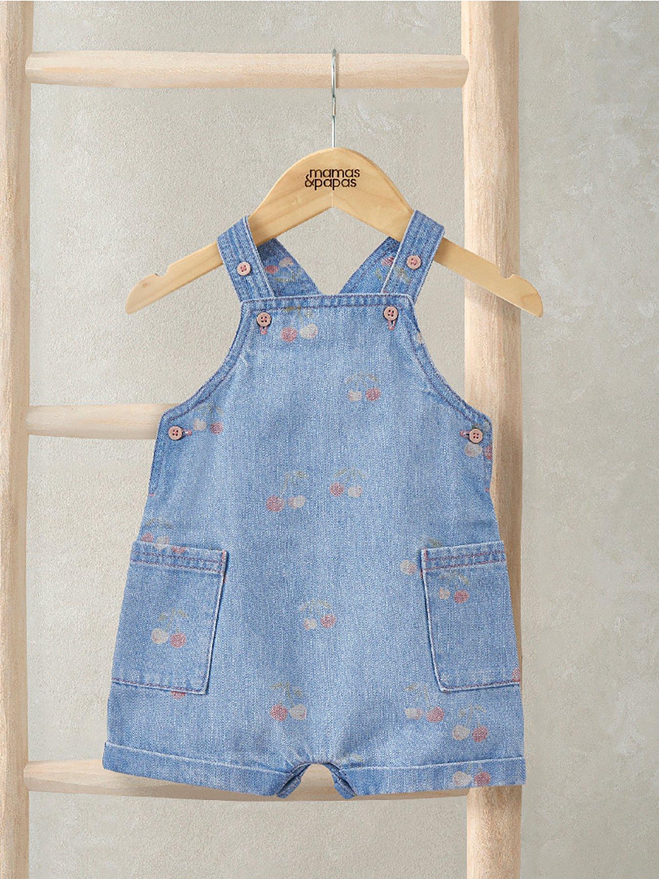 Mamas & Papas Baby Girls Cherry Printed Denim Dungarees - Blue