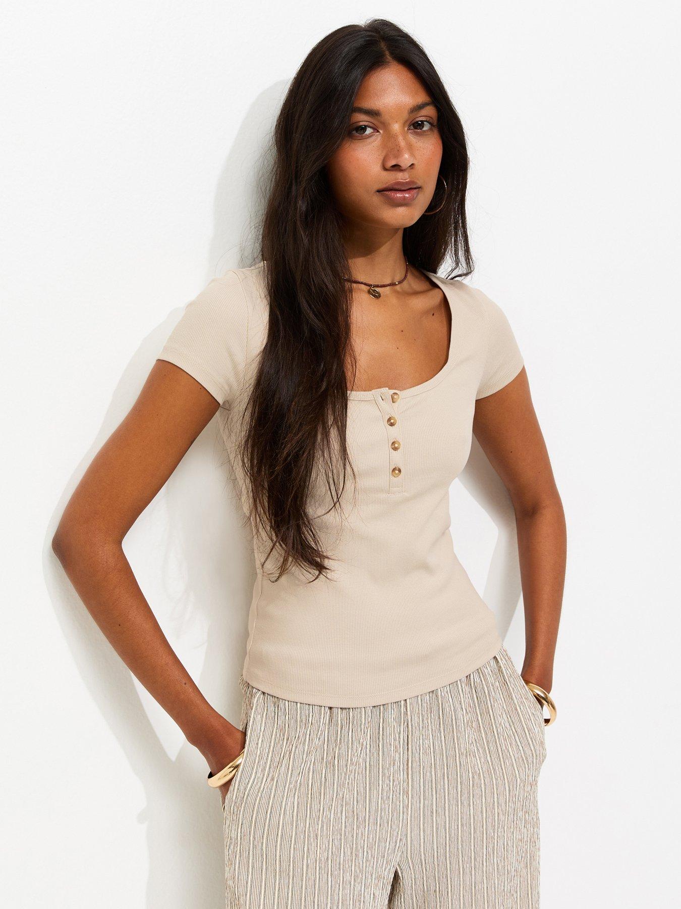 New Look Short Sleeve Ribbed Henley T-Shirt - Stone
