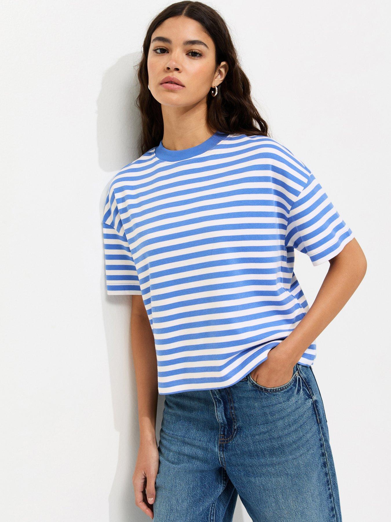 New Look Premium Blue Heavyweight Striped Cotton T-Shirt - Cream