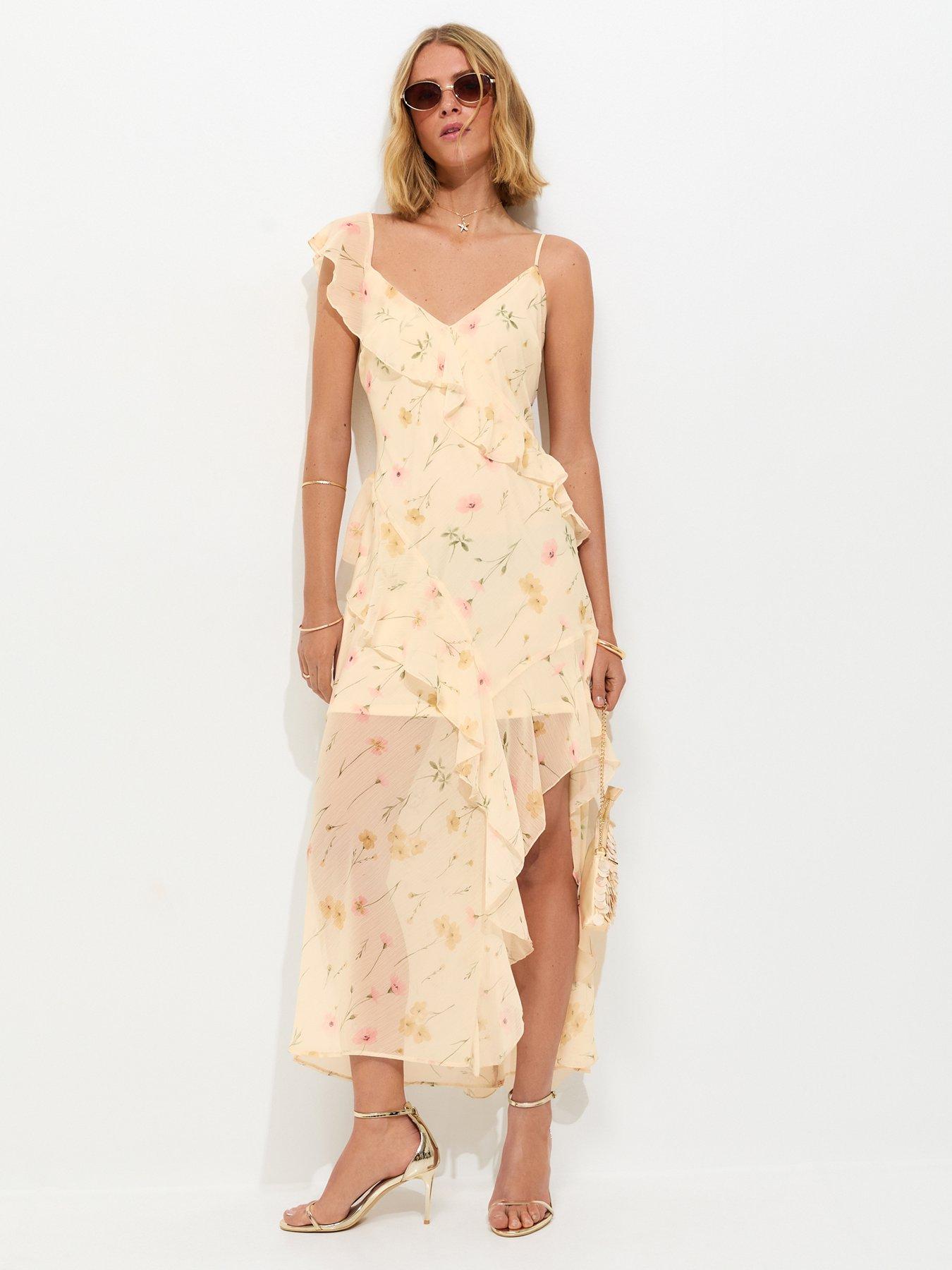 New Look Chiffon Ruffle Trim Floral Midi Dress - Cream