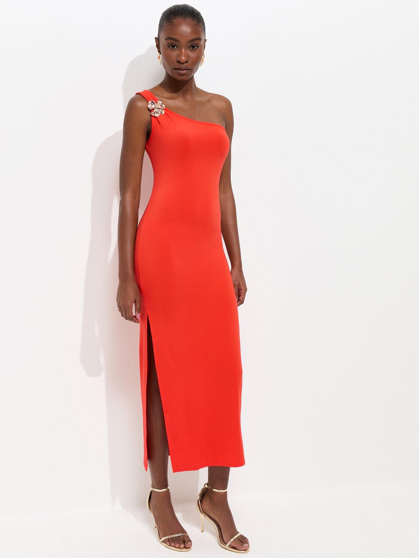 New Look Flower Charm One Shoulder Midi Dress - Bright Orange