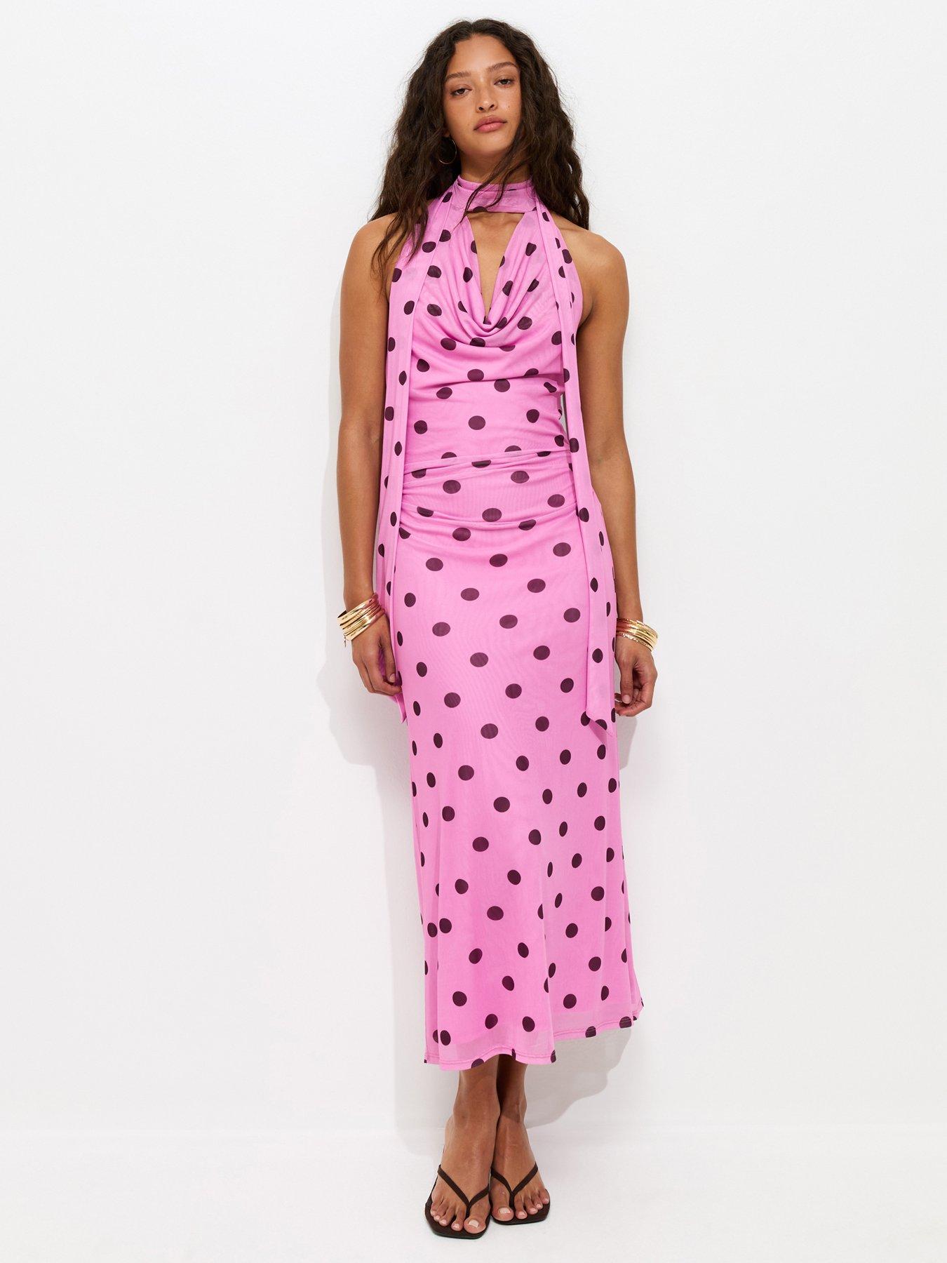 New Look Polka Dot Cowl Neck Scarf Trim Midi Dress - Pink