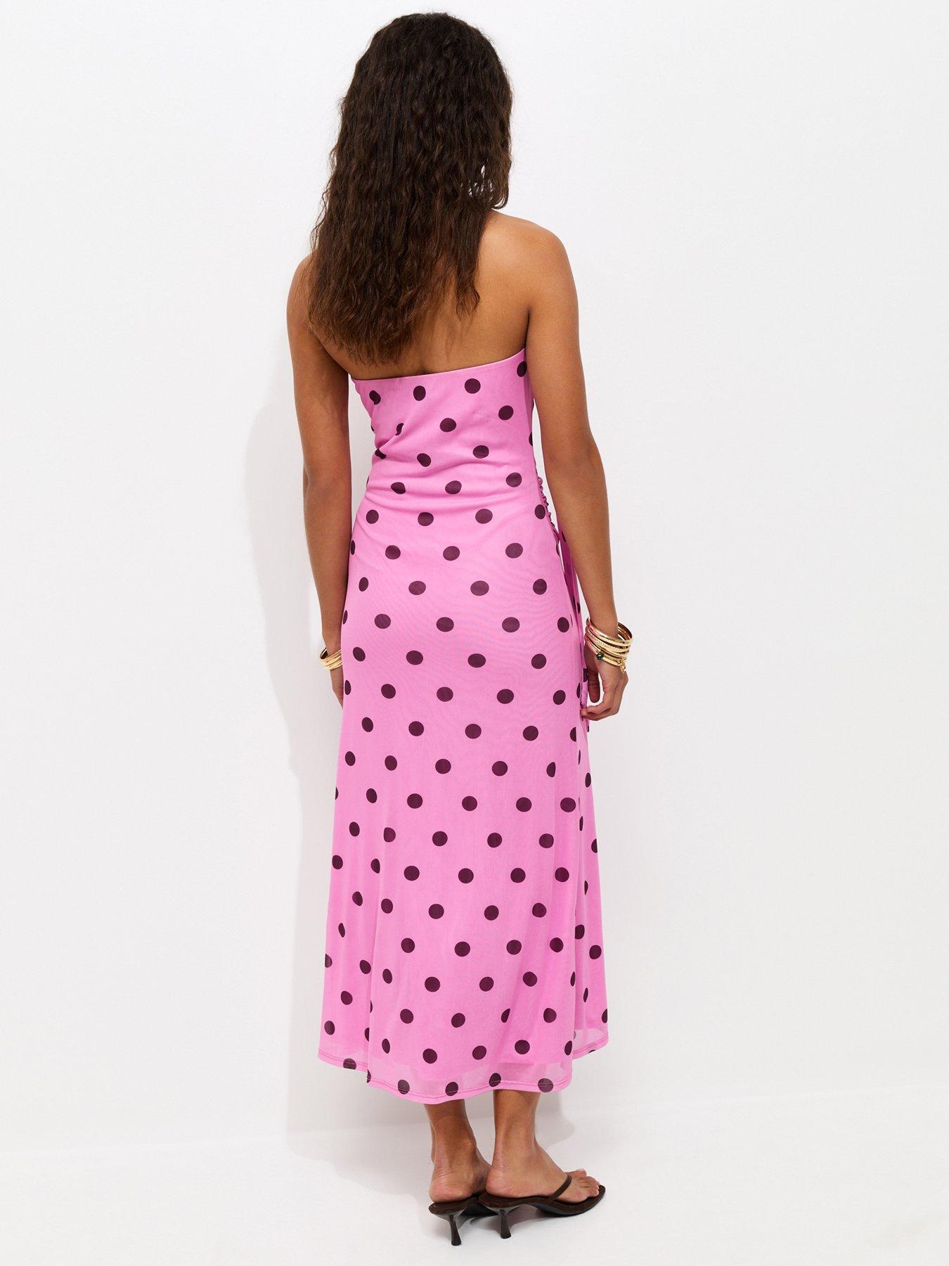 Image 2 of 5 of New Look Polka Dot Cowl Neck Scarf Trim Midi Dress - Pink