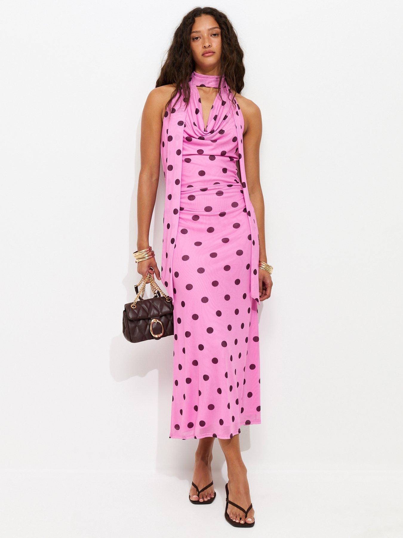 Image 3 of 5 of New Look Polka Dot Cowl Neck Scarf Trim Midi Dress - Pink