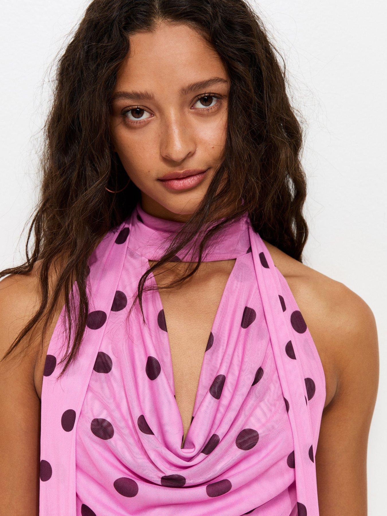 Image 4 of 5 of New Look Polka Dot Cowl Neck Scarf Trim Midi Dress - Pink