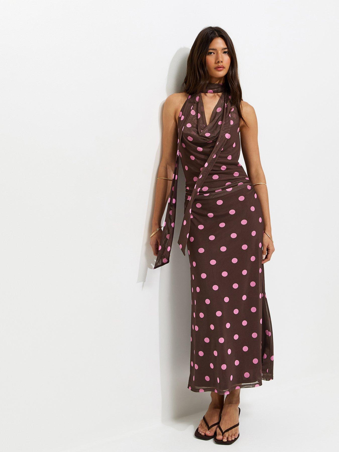 New Look Polka Dot Cowl Neck Scarf Trim Midi Dress - Brown
