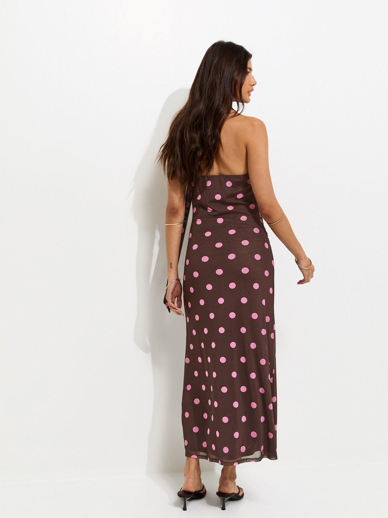 Image 2 of 5 of New Look Polka Dot Cowl Neck Scarf Trim Midi Dress - Brown