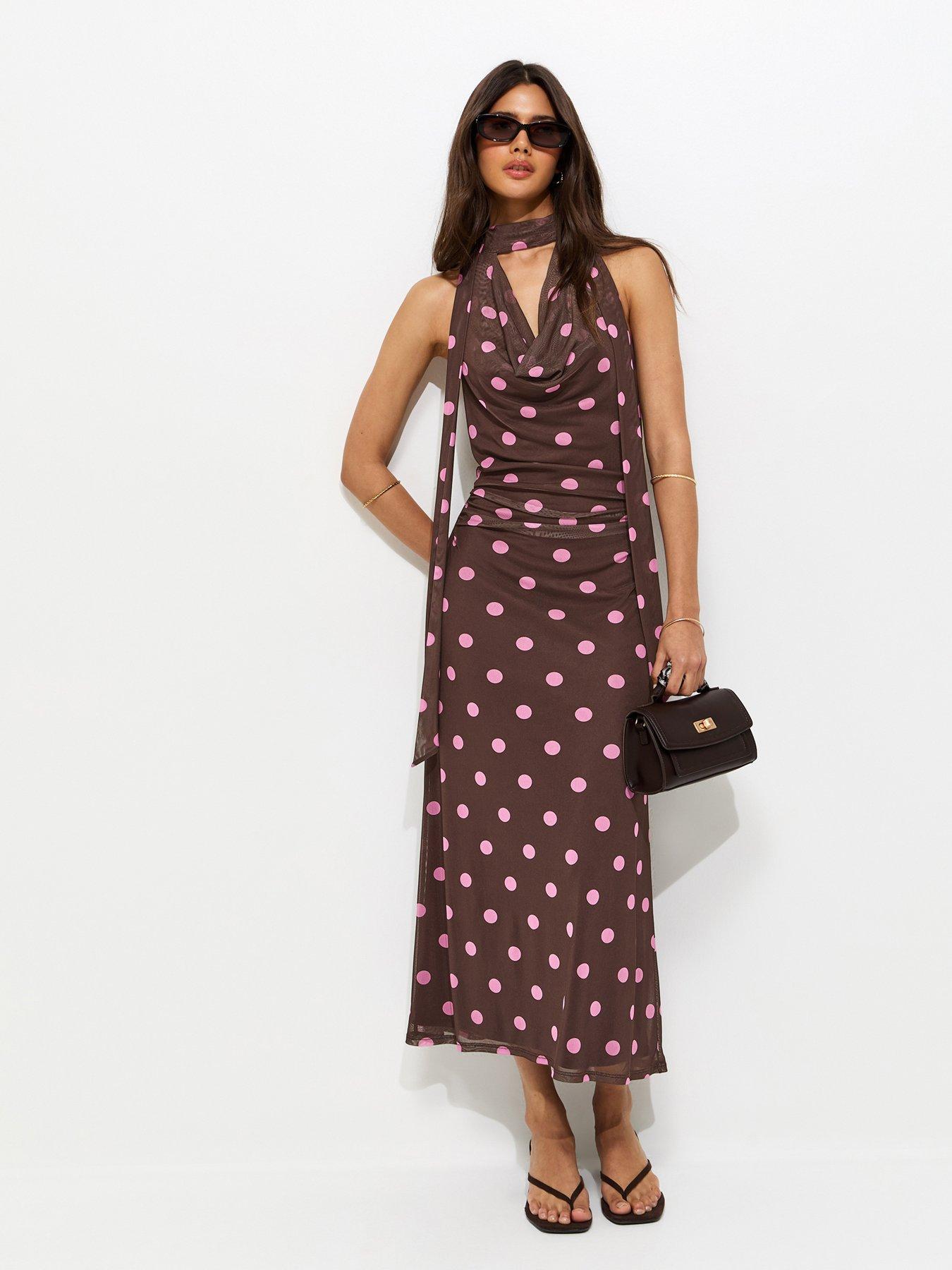 Image 3 of 5 of New Look Polka Dot Cowl Neck Scarf Trim Midi Dress - Brown