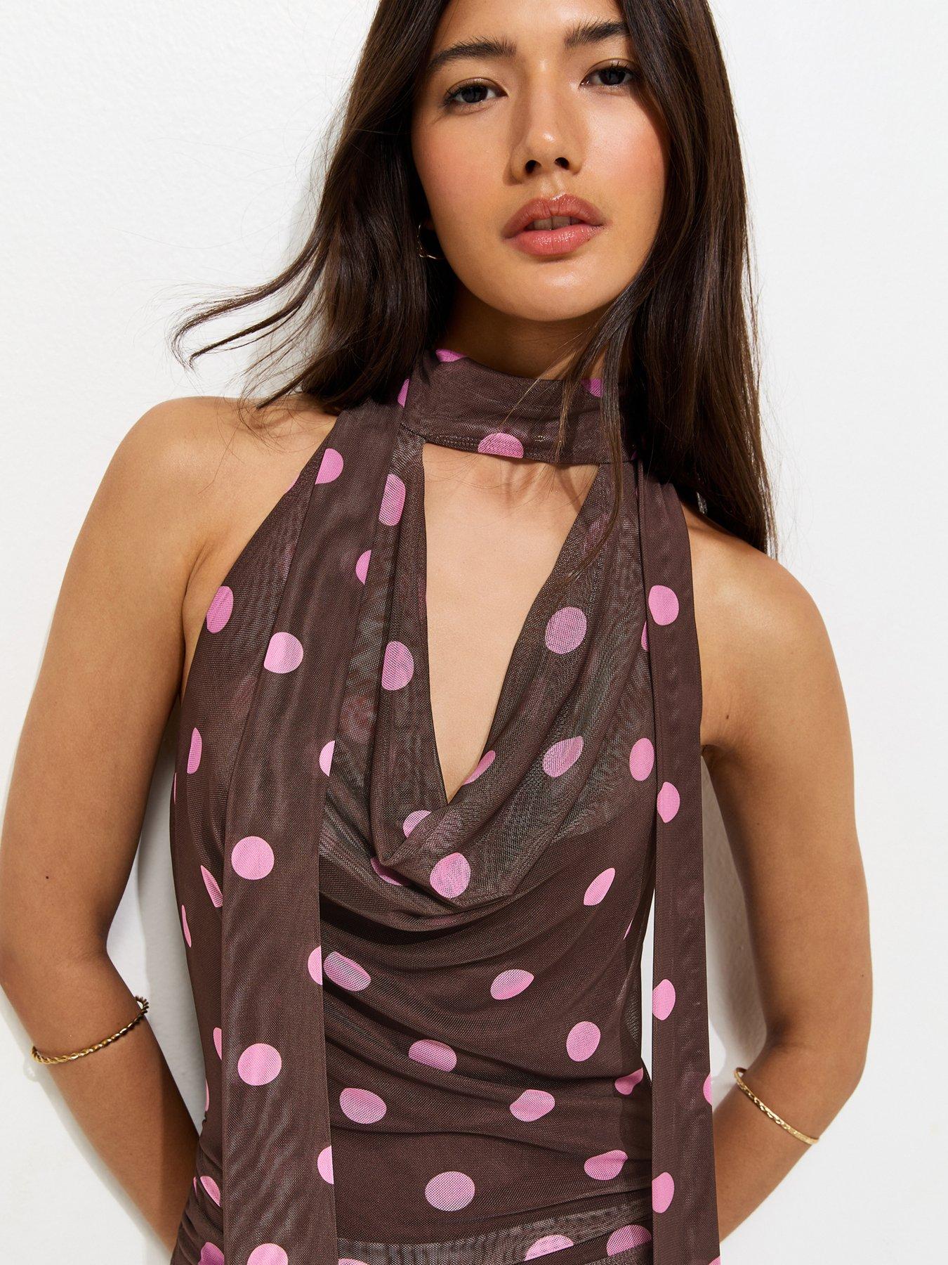 Image 4 of 5 of New Look Polka Dot Cowl Neck Scarf Trim Midi Dress - Brown