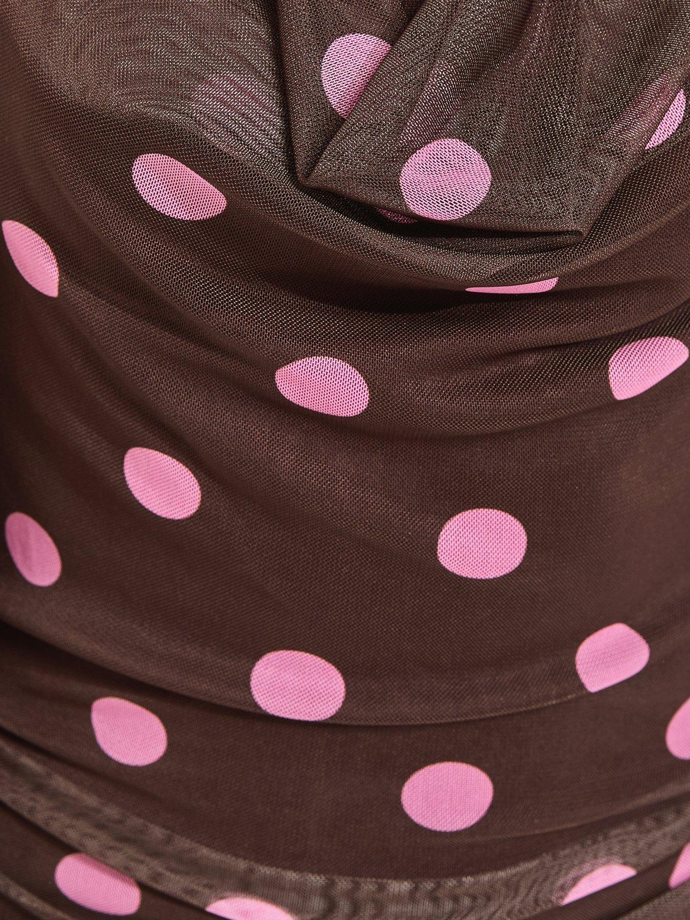 Image 5 of 5 of New Look Polka Dot Cowl Neck Scarf Trim Midi Dress - Brown