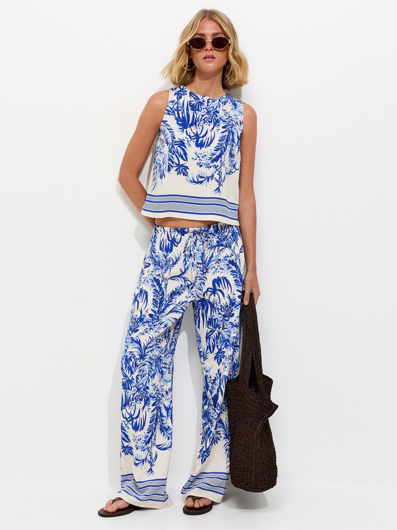 New Look Palm Tree Print Wide Leg Trousers - Blue