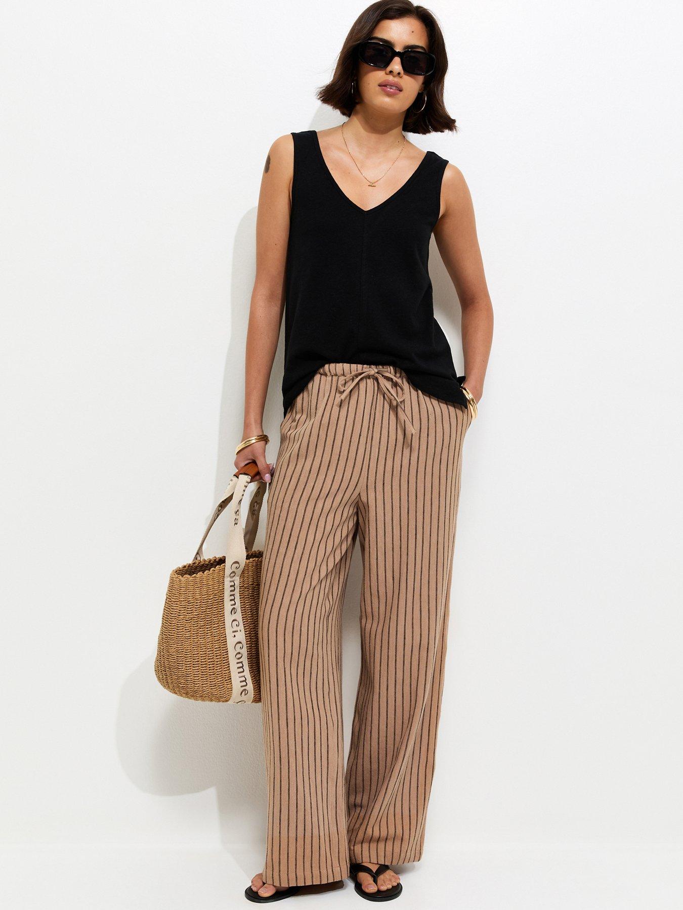 New Look Cotton Striped Wide Leg Trousers - Brown