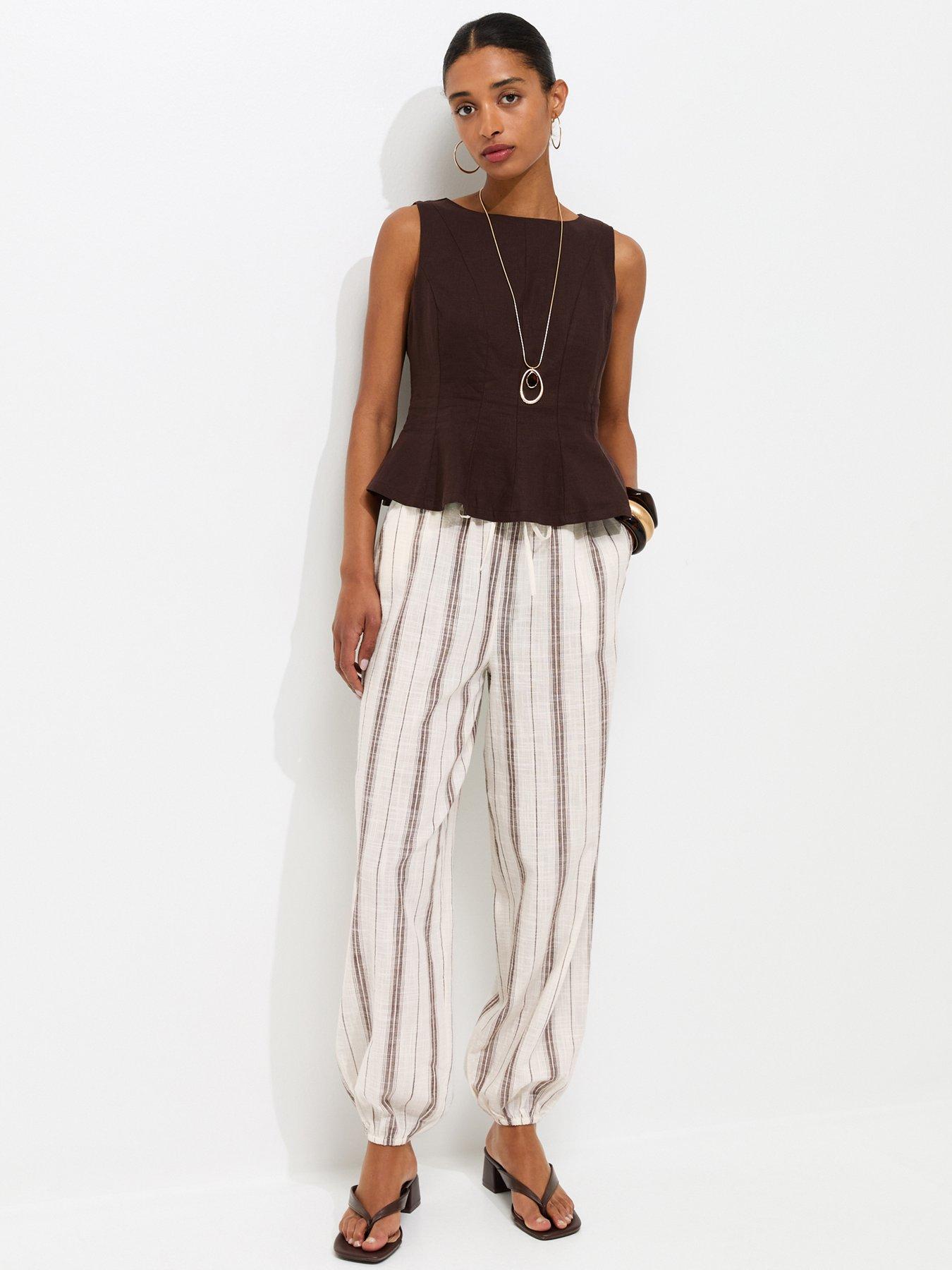 New Look Cotton Striped Slub Cuff Trousers - Brown