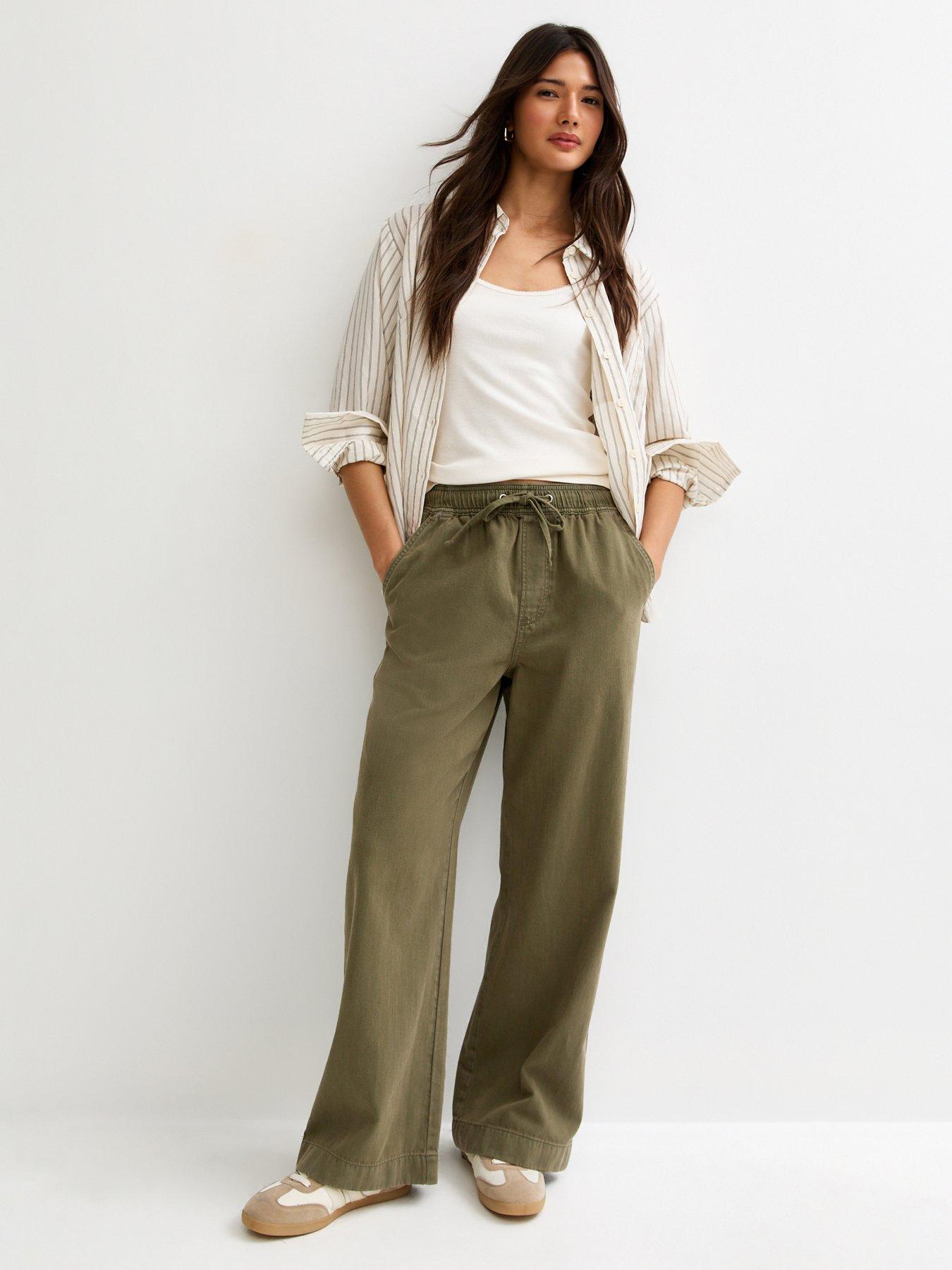 Image 1 of 5 of New Look Cotton Twill Drawstring Wide Leg Trousers - Dark Khaki