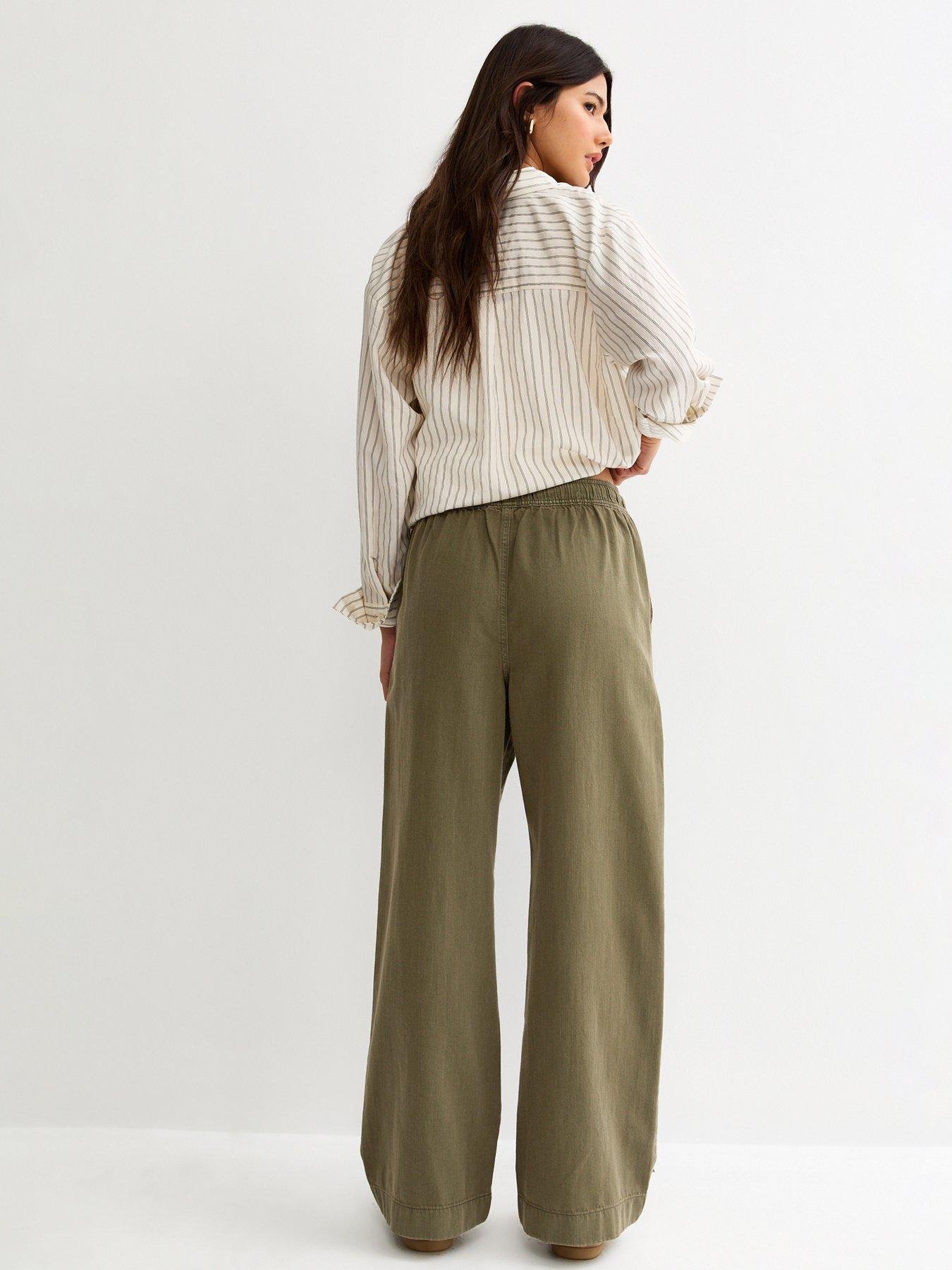 Image 2 of 5 of New Look Cotton Twill Drawstring Wide Leg Trousers - Dark Khaki