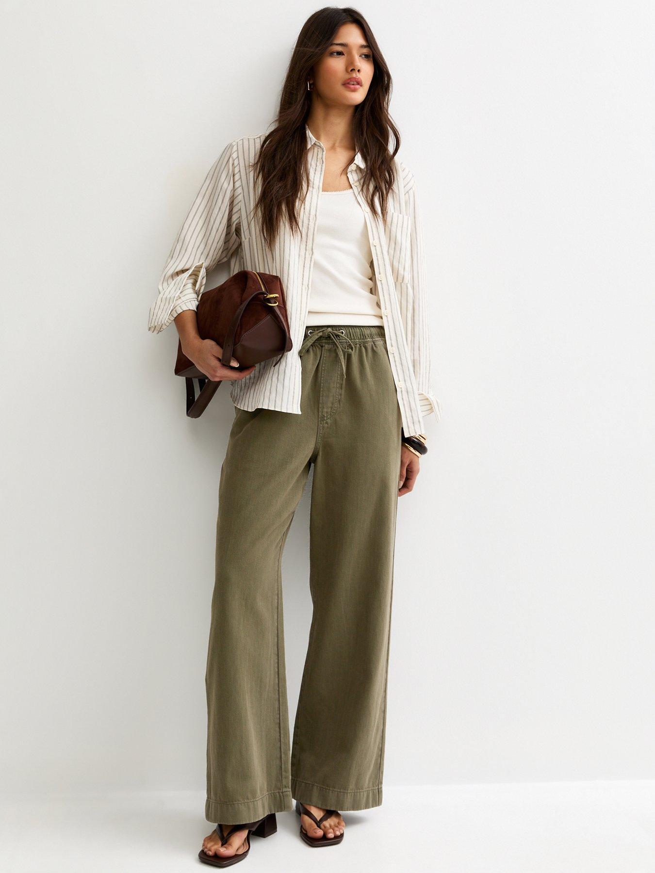 Image 3 of 5 of New Look Cotton Twill Drawstring Wide Leg Trousers - Dark Khaki