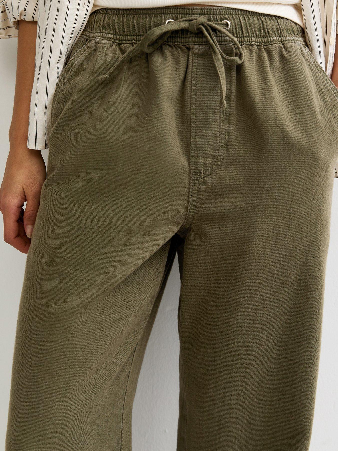 Image 4 of 5 of New Look Cotton Twill Drawstring Wide Leg Trousers - Dark Khaki
