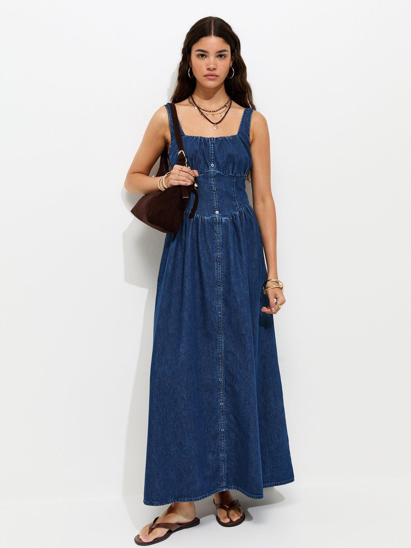 New Look Cotton Milkmaid Denim Midi Dress - Blue