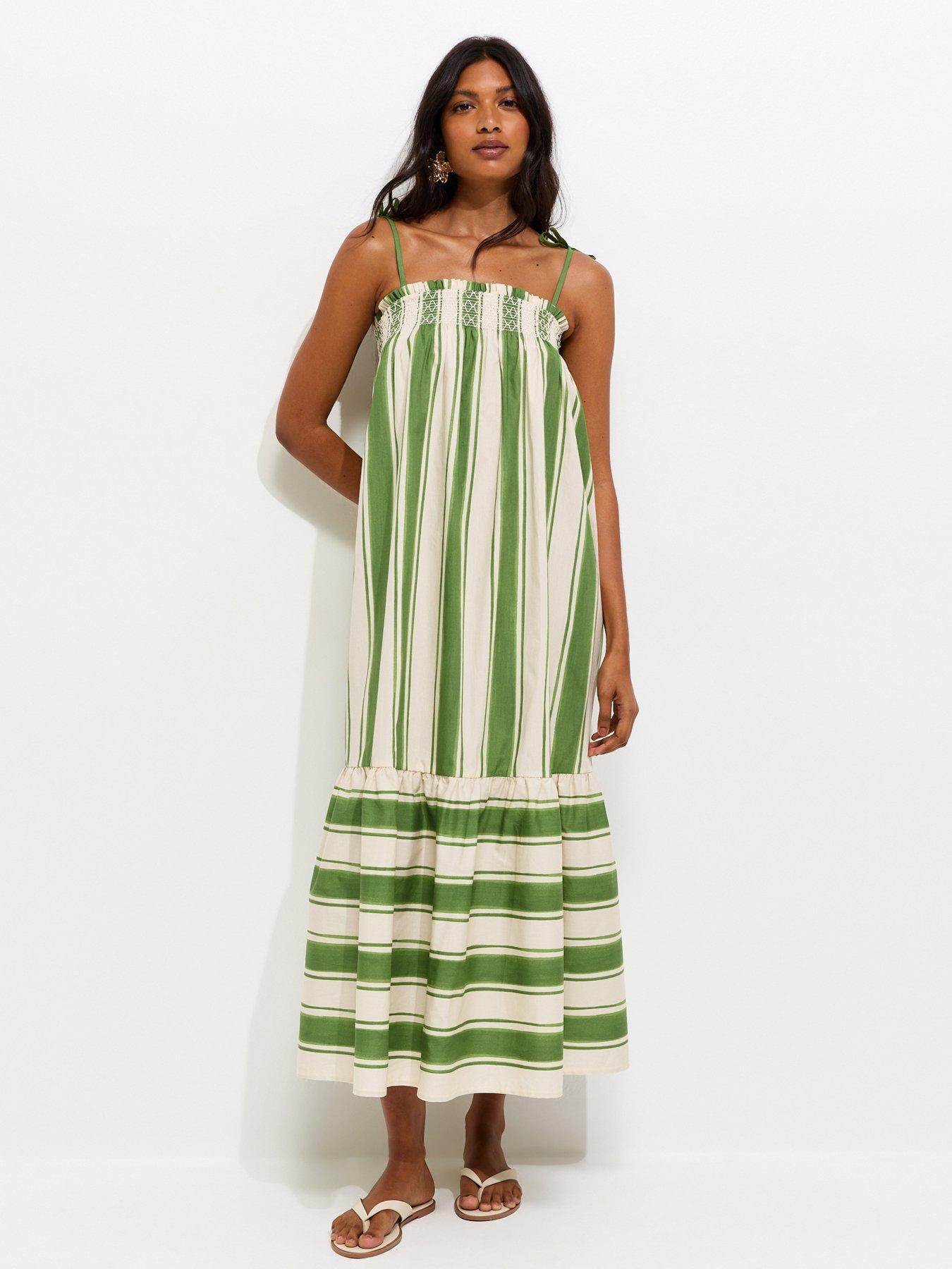 river island green stripe dress River Island Petite green stripe wrap frill hem dress ($92)  liked on  Polyvore featuring dresses, vestidos, women, green, swing dresses, petite  dresses, puff sleeve dress, striped wrap dress, striped dress and