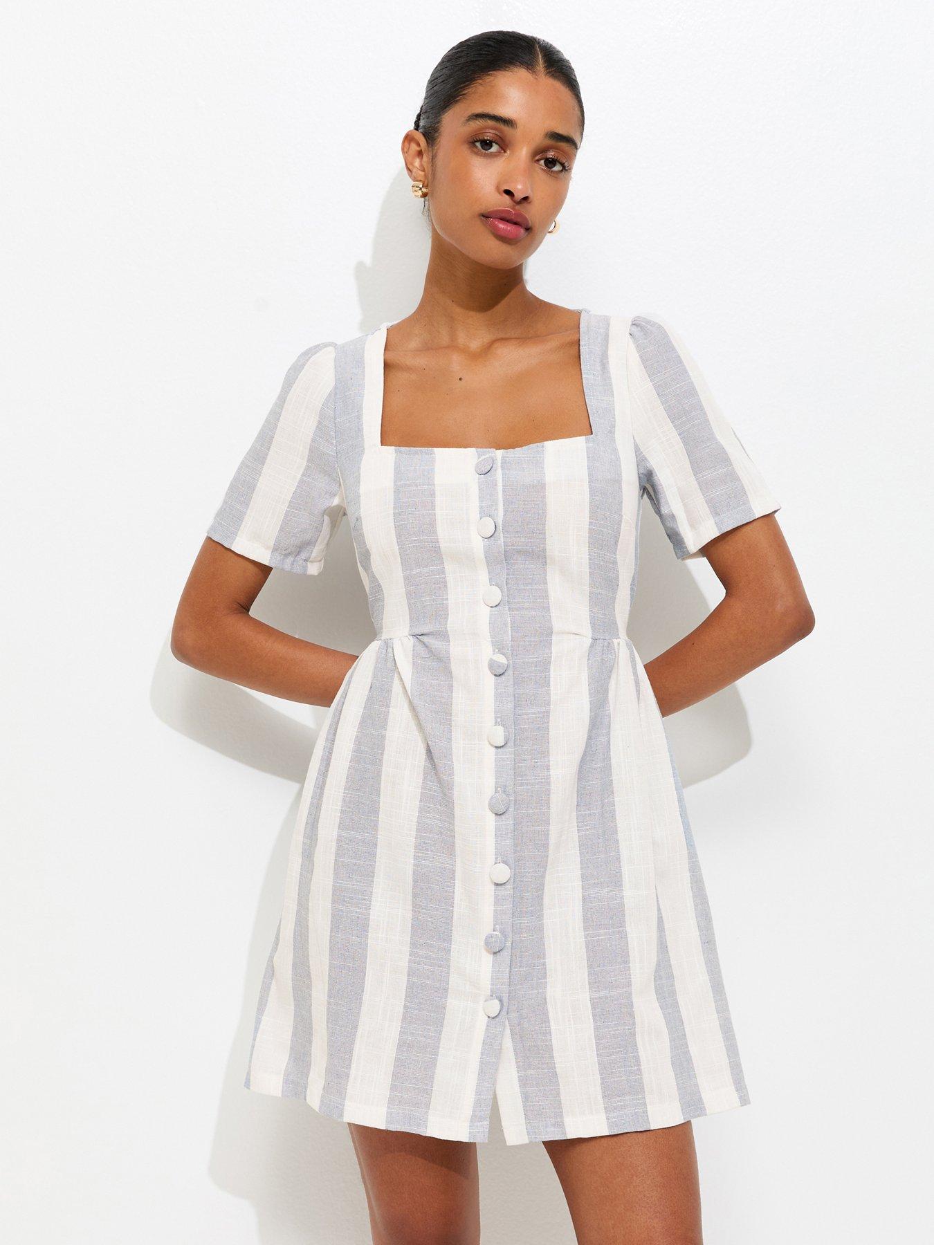 New Look Sailor Stripe Square Neck Button Up Mini Dress - Blue